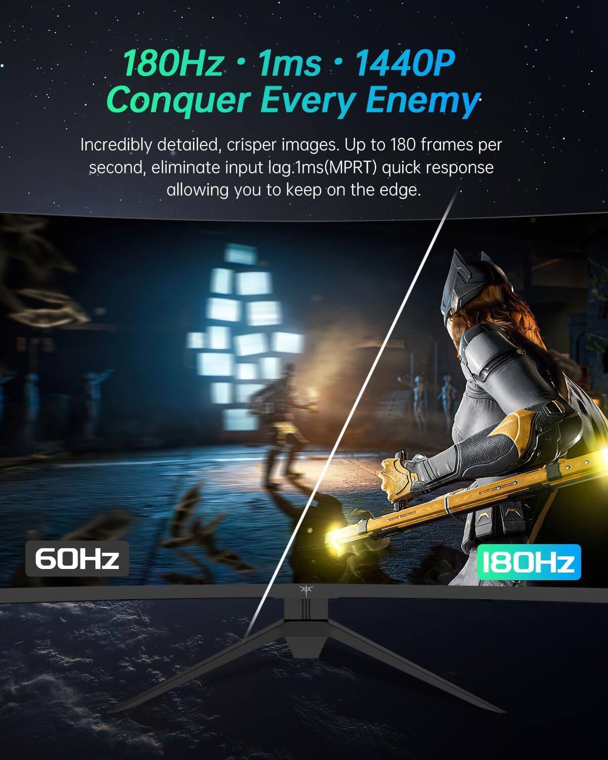 180Hz 1ms 1440P Conquer Every Enemy

Incredibly detailed, crisper images. Up to 180 frames per second, eliminate input lag. 1ms(MPRT) quick response allowing you to keep on the edge.

60Hz
180Hz
