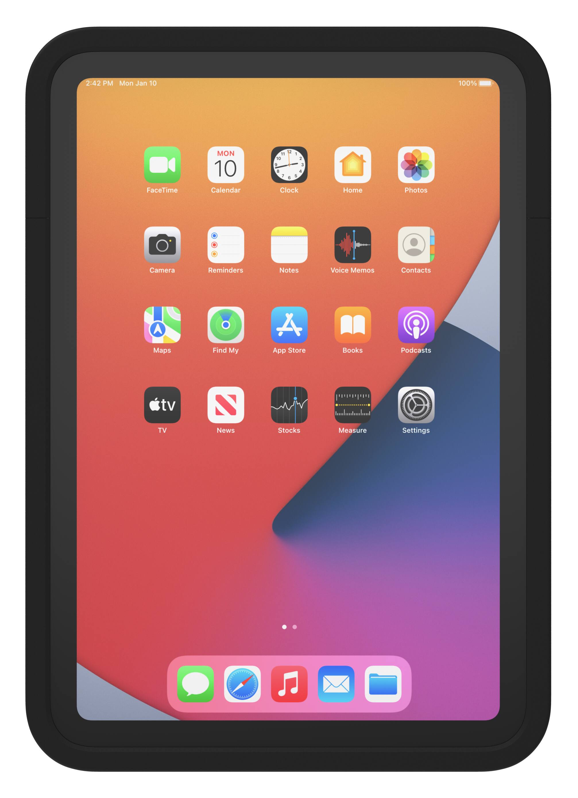 The text on the image reads:

2:42 PM Mon Jan 10 100% FaceTime MON 10 Calendar 1  de -  L a a + . + + Clock Home Photos + Camera Reminders Notes Voice Memos Contacts A Maps Find My App Store Books Podcasts tv )  TV News Stocks Measure Settings

The text is grouped as follows:

1. Time: 2:42 PM
2. Date: Mon Jan 10
3. Battery percentage: 100%
4. FaceTime status: 100%
5. Calendar event: MON 10
6. Home screen icons:
   a. Clock
   b. Home
   c. Photos
   d. Camera
   e. Reminders
   f. Notes
   g. Voice Memos
   h. Contacts
   i. Maps
   j. Find My
   k. App Store
   l. Books
   m. Podcasts
   n. TV
   o. News
   p. Stocks
   q. Measure
   r. Settings

This information is displayed on the home screen of an iPhone.