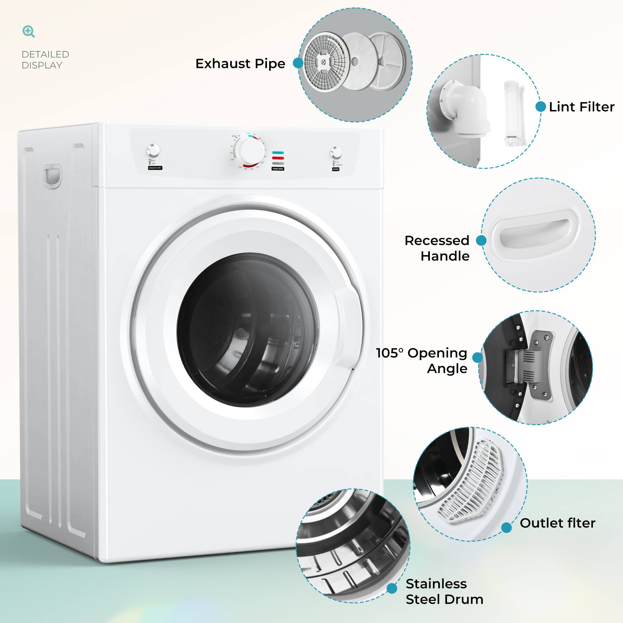- Exhaust Pipe
- Lint Filter
- Recessed Handle
- 105° Opening Angle
- Outlet Filter
- Stainless Steel Drum
