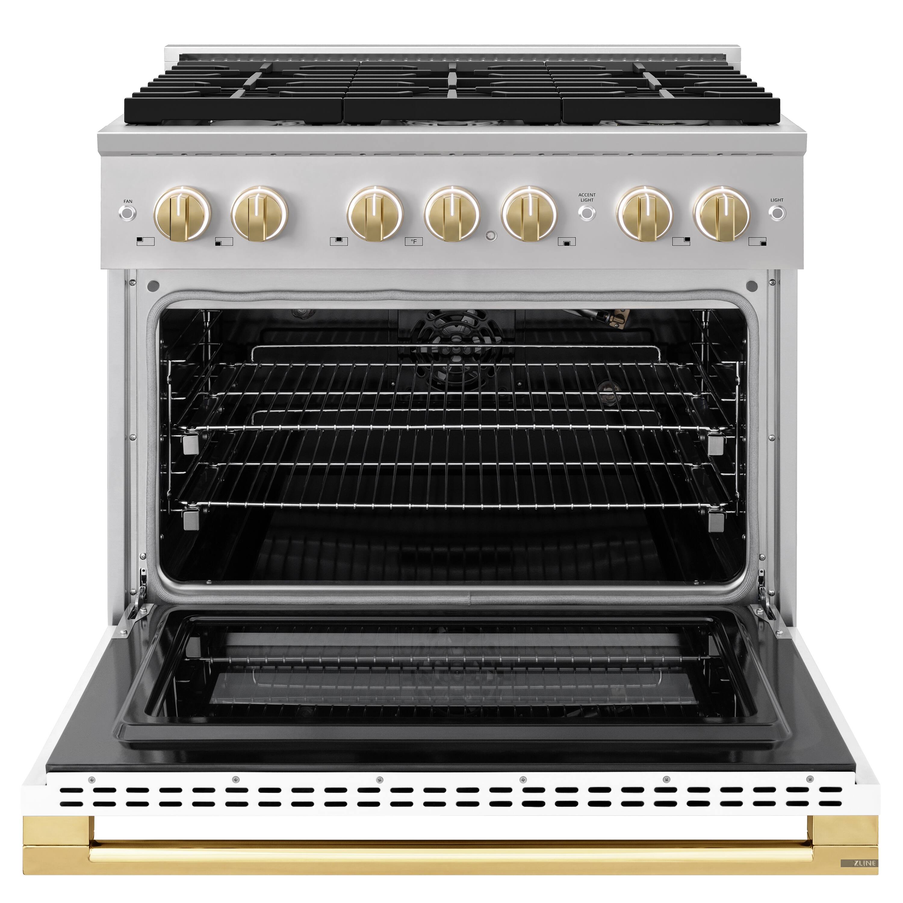 Angle. ZLINE - Autograph 36 in. 5.2 cu. ft. Manual Clean Marino Freestanding Gas Range with 6 Burners and Polished Gold Accents - White Matte.