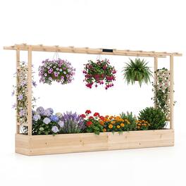 Costway - 1 PCS Wooden Raised Garden Bed with Trellis & Hanging Roof, Drainage Holes for Flowers - Natural