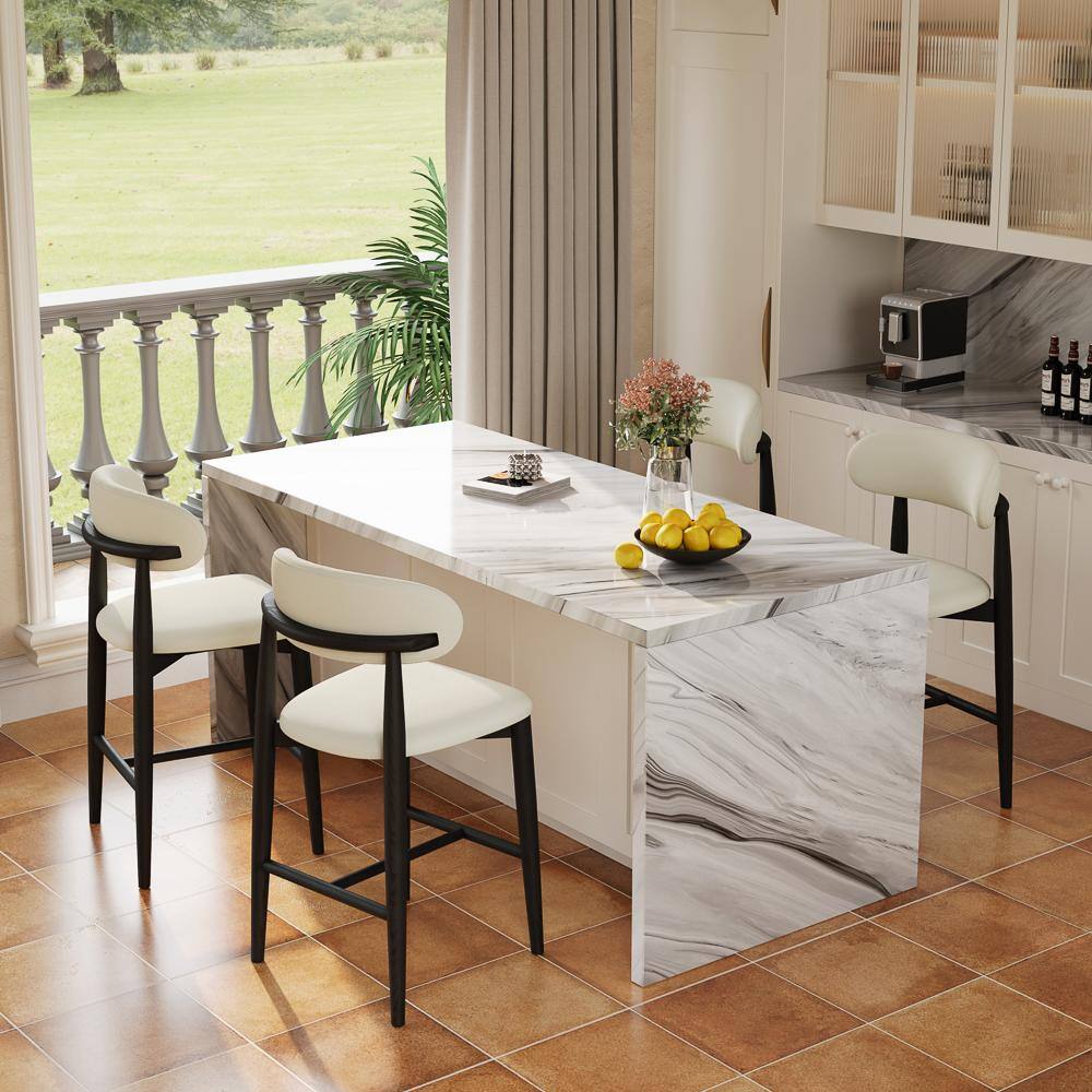 Angle. POVISON - 24" Assembled Mid-Century Modern Wood Counter Height Bar Stools Set of 2, Faux Leather Counter Stools, Beige & Black - Beige & Black PU Leather.