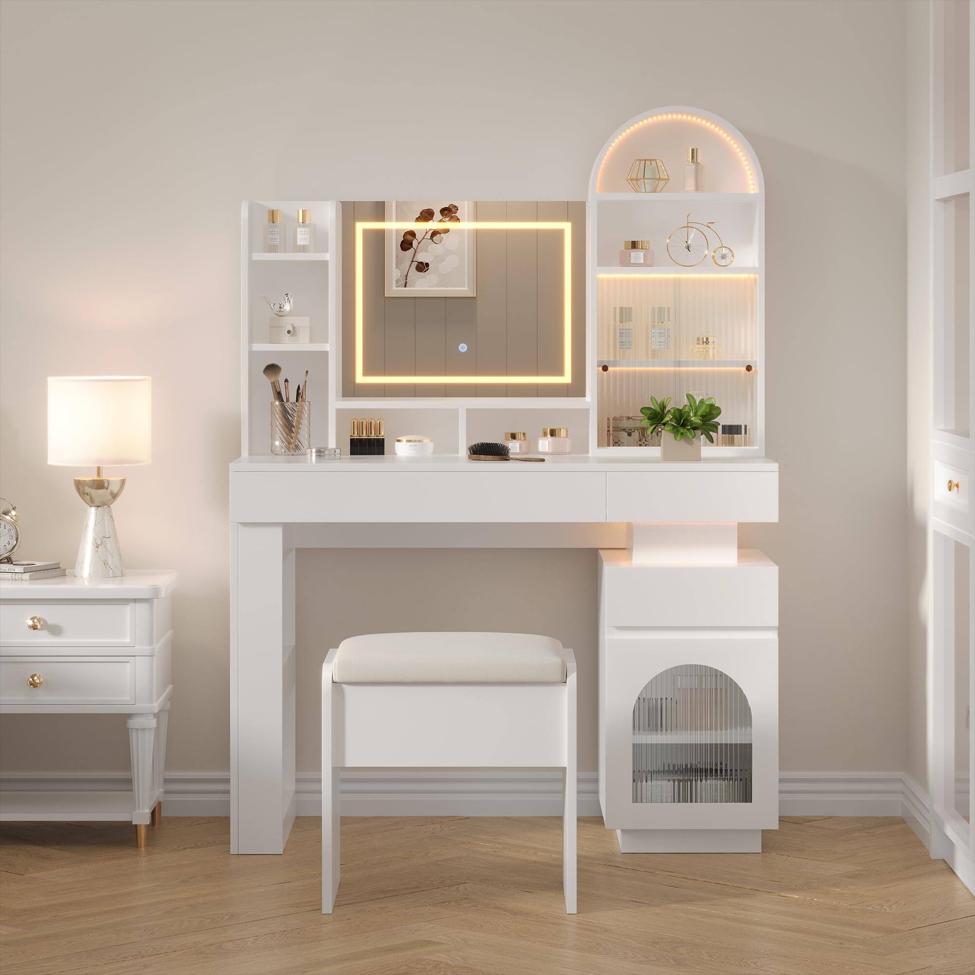 Angle. Jojoka - Arched Vanity Desk with Lighted Mirror & Stool, Makeup Table with 3 Drawers, 11 Shelves, Outlet & LED Light Strip - White.