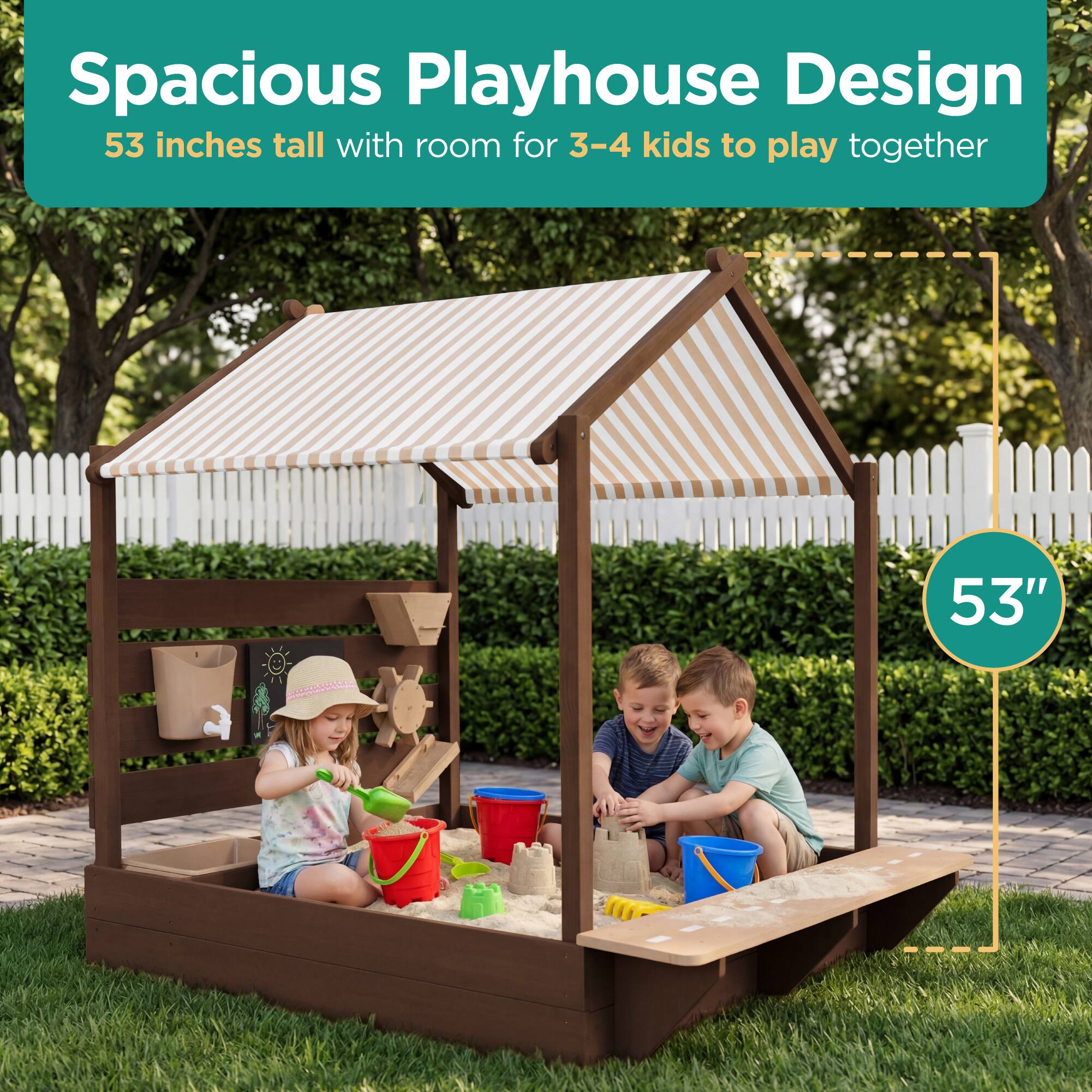 Spacious Playhouse Design  
53 inches tall with room for 3-4 kids to play together