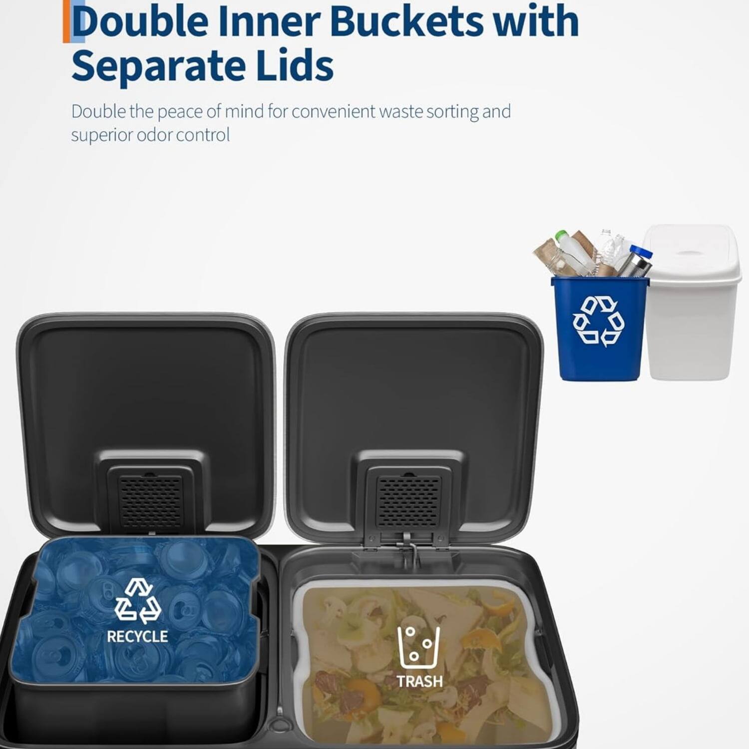 Double Inner Buckets with Separate Lids

Double the peace of mind for convenient waste sorting and superior odor control

RECYCLE TRASH