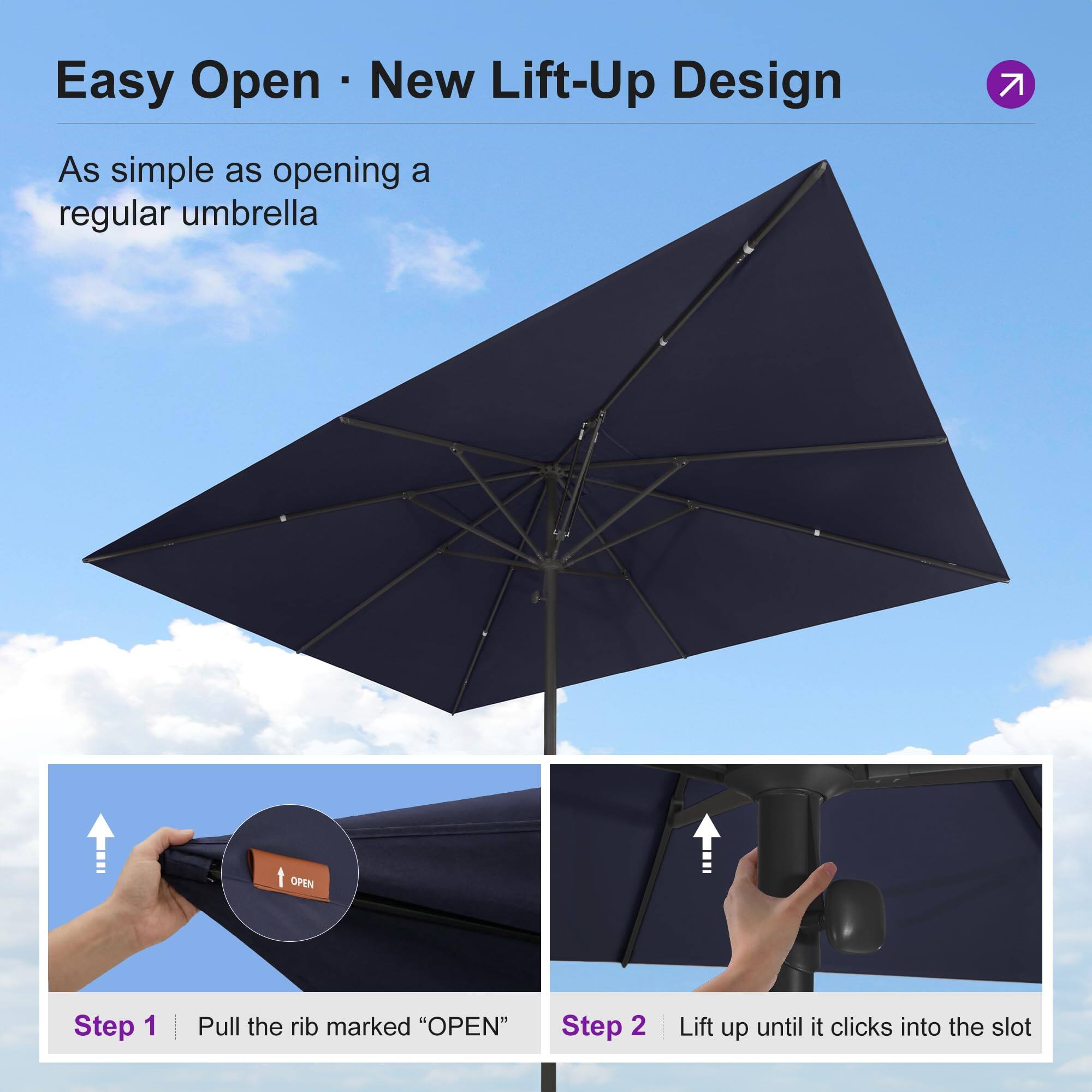 Easy Open • New Lift-Up Design

As simple as opening a regular umbrella

Step 1 | Pull the rib marked "OPEN"

Step 2 | Lift up until it clicks into the slot
