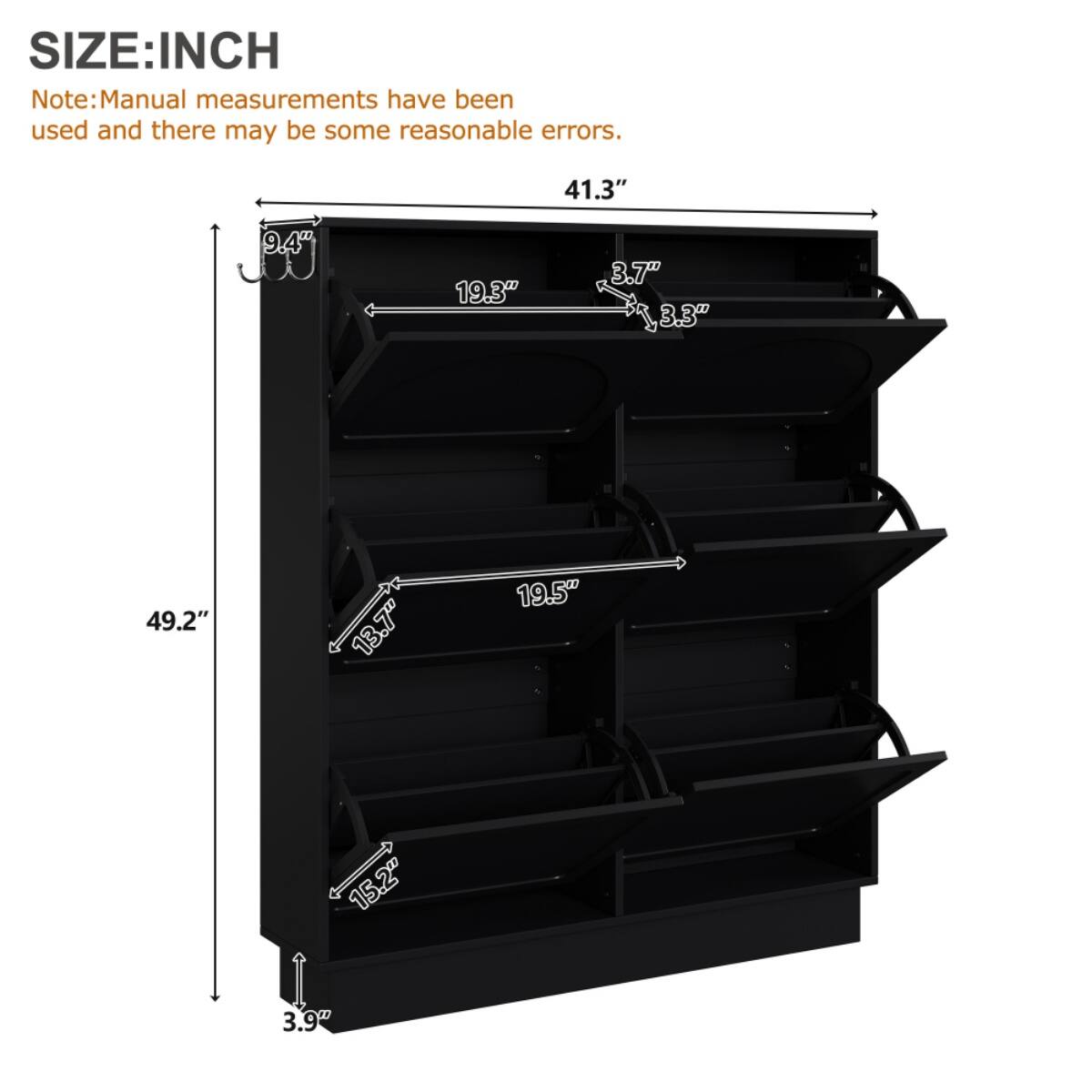 SIZE: INCH

Note: Manual measurements have been used and there may be some reasonable errors.

- Width: 41.3"
- Height: 49.2"
- Depth: 19.3"
- Shelf Depth: 13.7"
- Shelf Height: 3.7"
- Shelf Spacing: 3.3"
- Total Height: 3.9"