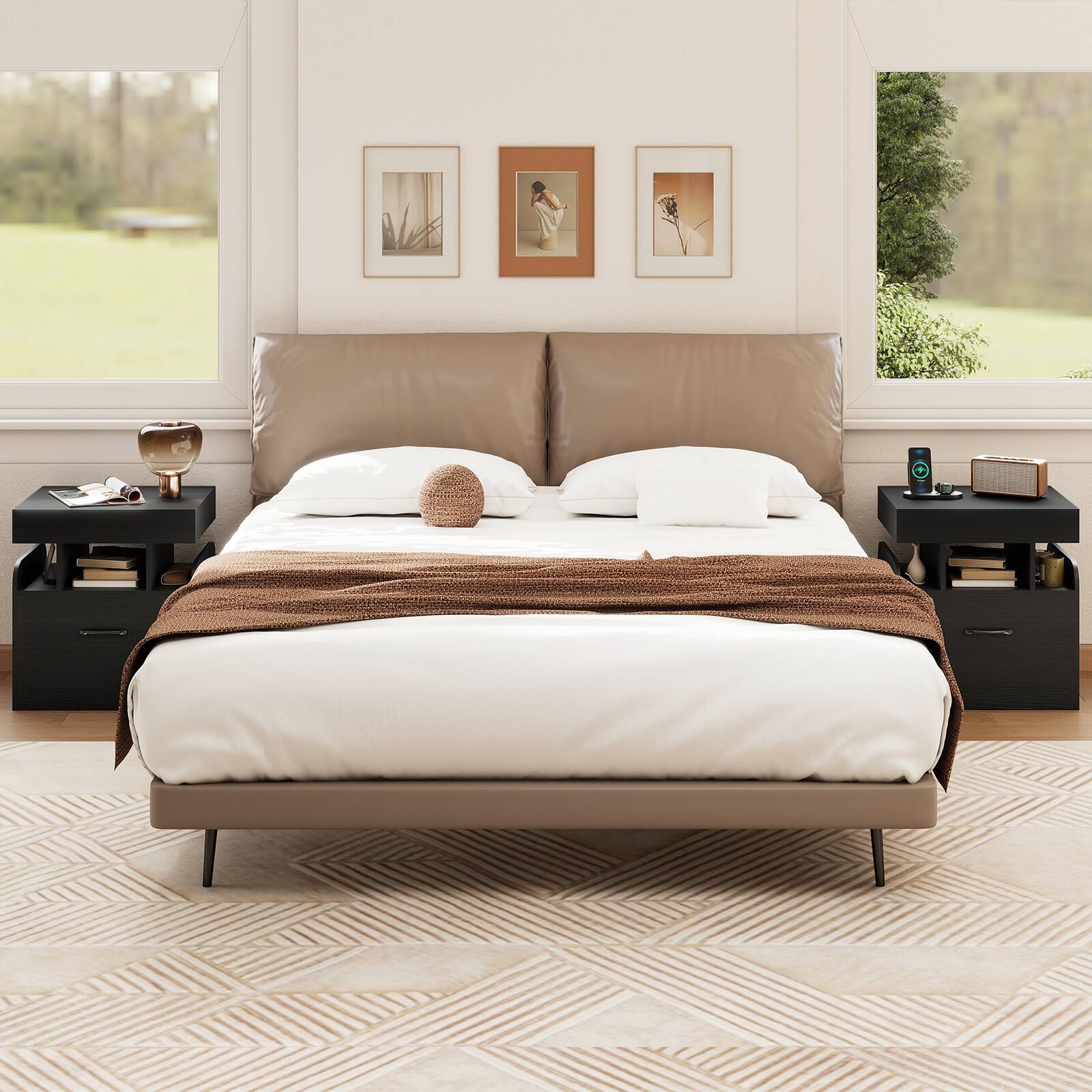 Alt View 4. Gymax - Gymax 2PCS Nightst& w/Charging Station Drawer Sliding Top Storage Tray Open Shelves Black - Black.