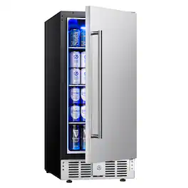 SIMZLIFE - 130-Can Single Zone Beverage Fridge - 15 in. Built-in Design, Stainless Steel, Auto LED Lights Included - Silver