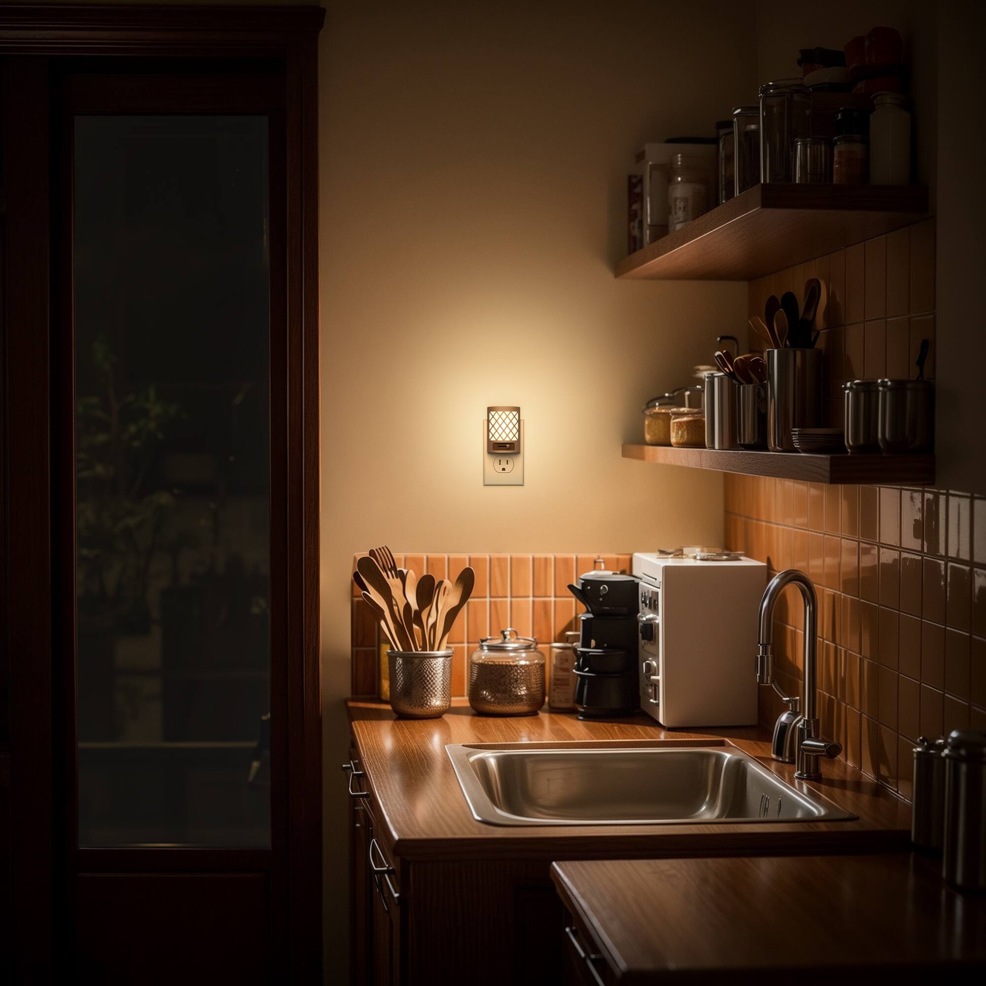 Left. Jandcase - JANDCASE 2-Pack 1W  Plug-in Night Light, 3000K Warm Glow with Slide Dimmer 0-100%, Dusk-to-Dawn Sensor - Brown.