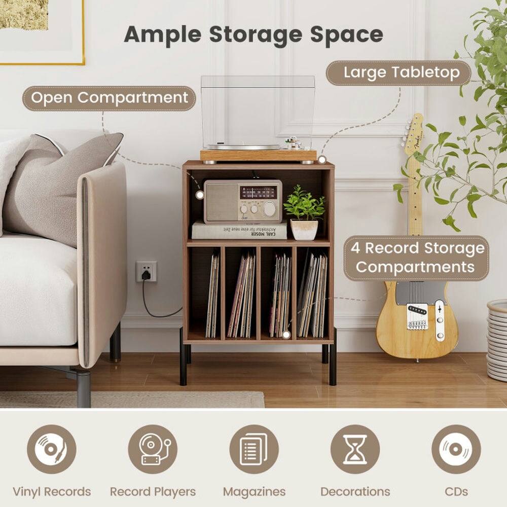 Ample Storage Space  
Large Tabletop  
Open Compartment  
4 Record Storage Compartments  

Vinyl Records  
Record Players  
Magazines  
Decorations  
CDs