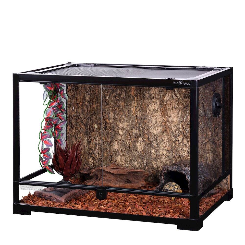 Angle. TRIXIE - 32 Gallon Glass Terrarium, Double Hinged Doors, Mesh Top - Black.