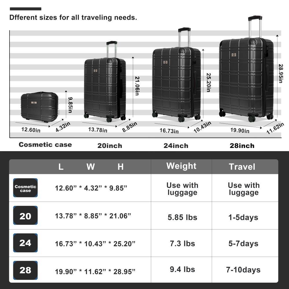 Different sizes for all traveling needs.

Cosmetic case  
20inch  
24inch  
28inch  

L W H  
Cosmetic case 12.60" * 4.32" * 9.85"  
20 13.78" * 8.85" * 21.06"  
24 16.73" * 10.43" * 25.20"  
28 19.90" * 11.62" * 28.95"  

Weight  
Use with luggage  
5.85 lbs  
7.3 lbs  
9.4 lbs  

Travel  
Use with luggage  
1-5days  
5-7days  
7-10days