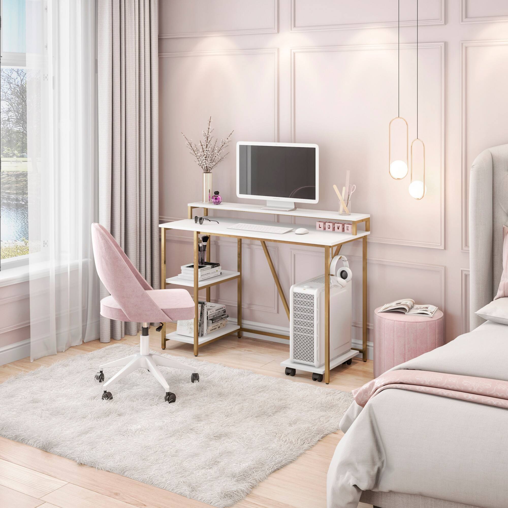 Alt View 1. GOODSILO - Industrial Style Writing Desk with Open Shelves and Mobile CPU Caddy - Gold.