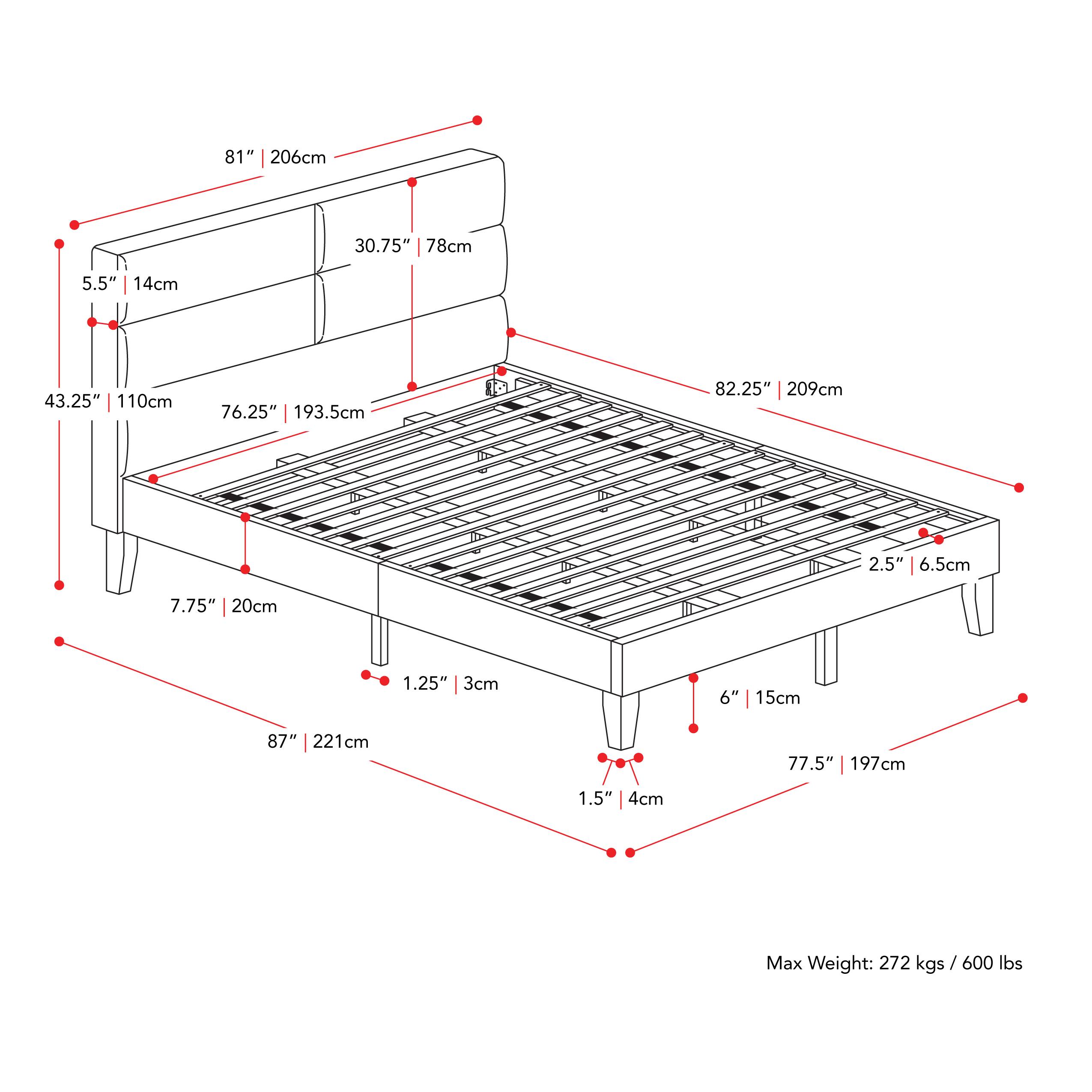 81" 206cm, 30.75" 78cm, 5.5" 14cm, 43.25" 110cm, 76.25" 193.5cm, 82.25" 209cm, 2.5" 6.5cm, 7.75" 20cm, 1.25" 3cm, 6" 15cm, 87" 221cm, 77.5" 197cm, 1.5" 4cm, Max Weight: 272 kgs/600 lbs