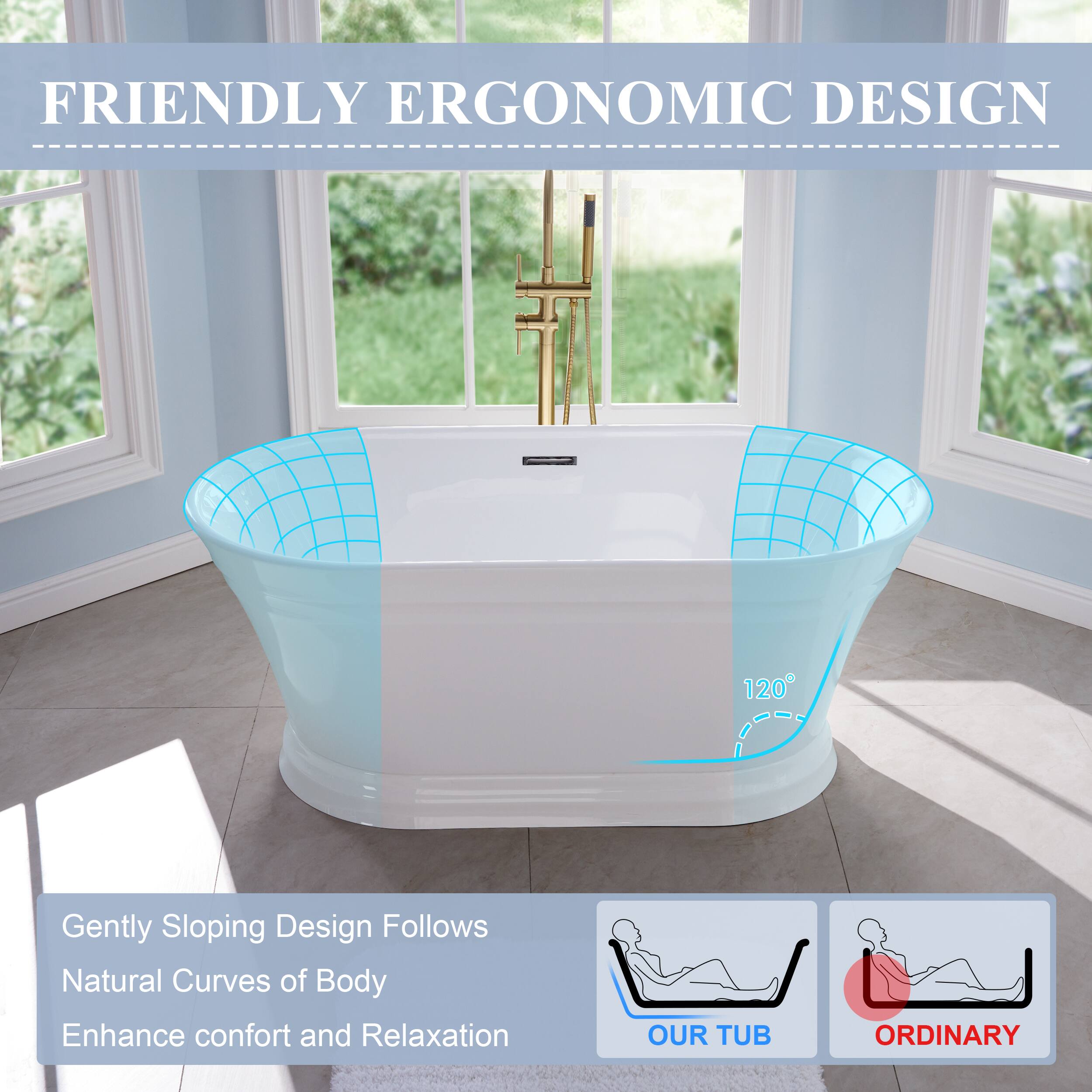 FRIENDLY ERGONOMIC DESIGN

Gently Sloping Design Follows Natural Curves of Body
Enhance comfort and Relaxation

OUR TUB ORDINARY