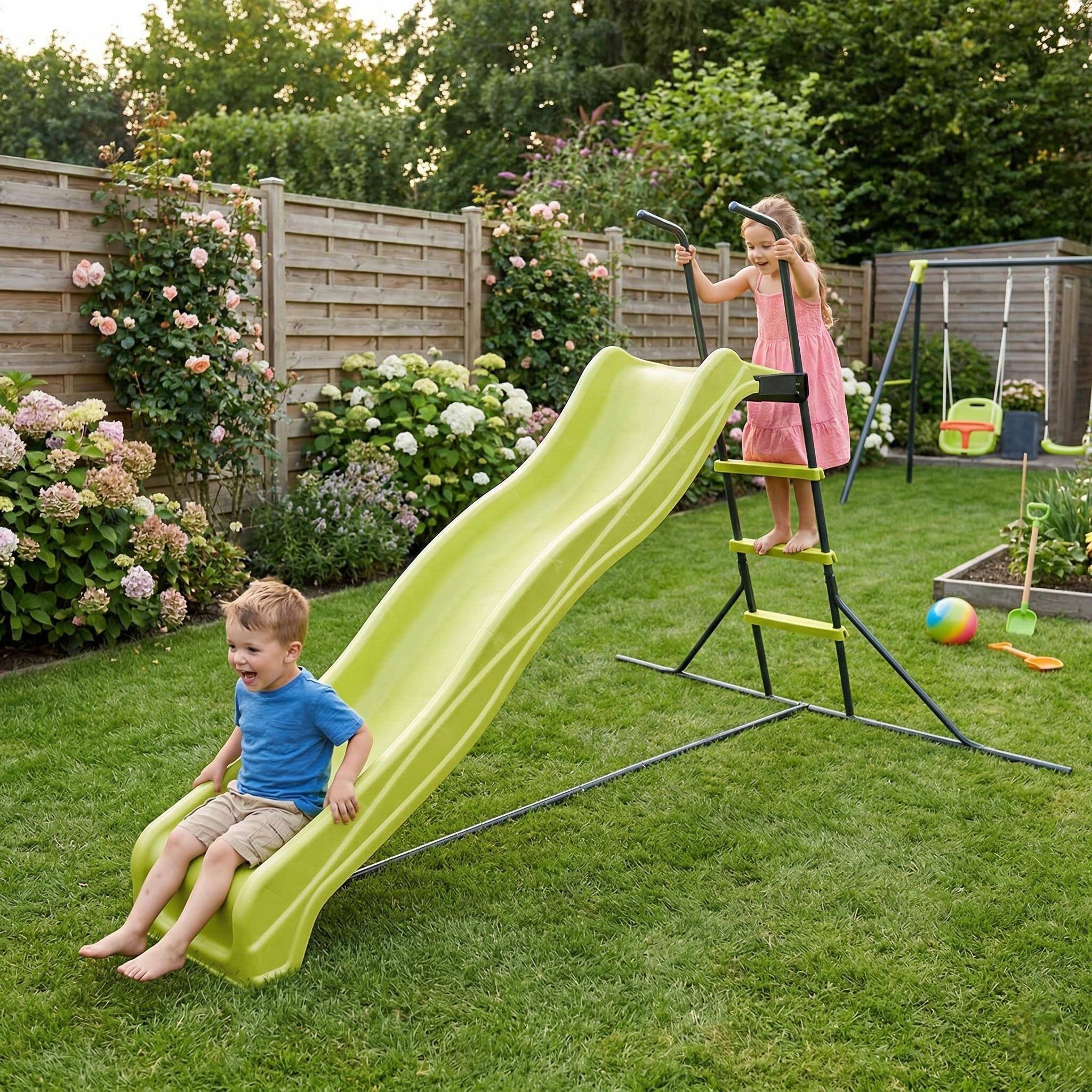 Angle. Loheer - 7.8 ft Freestanding Kids Slide, Durable Plastic Playground Slide for Indoor Outdoor Backyard Play - Green.