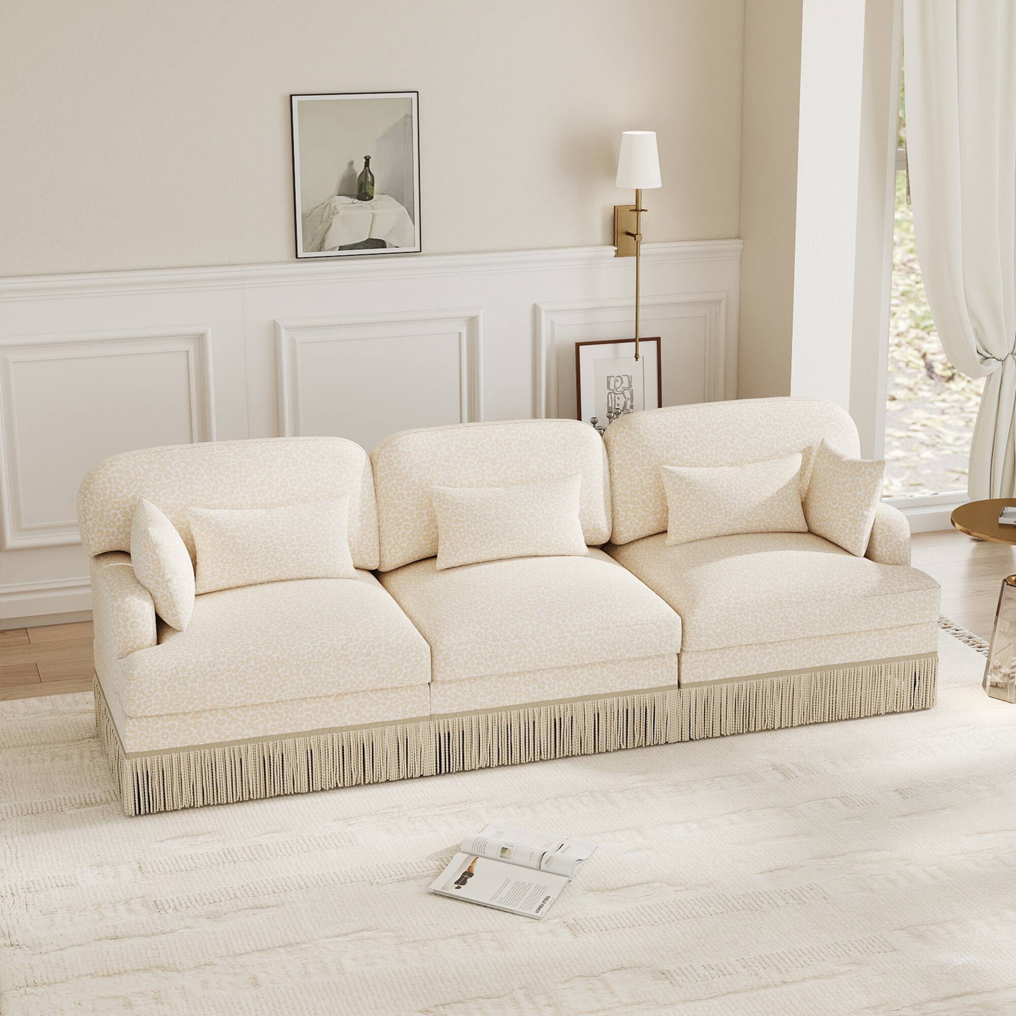 Angle. Anysun - 100" Chenille Leopard Print 3-Seater Sofa with Tassel Edge, Modular Sectional Couch, Ergonomic Deep Seat for Living Room - Beige.