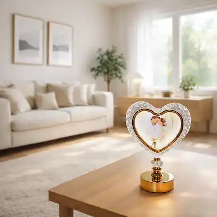 Front. FC Design - 13"H Golden Base Heart Photo Frame Touch Lamp, 3-Color LED Decorative Light Accent.