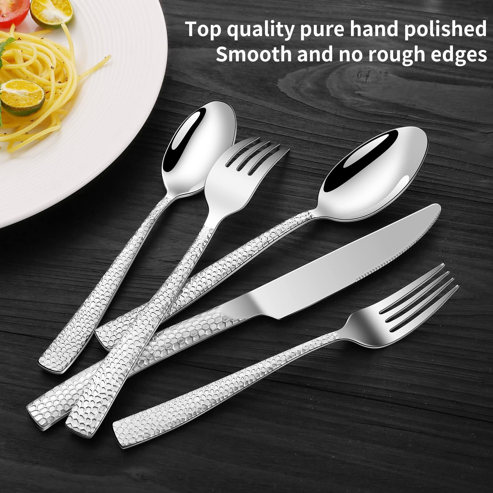 Alt View 2. Dazzed Corner - 20-Piece Silverware Set, Silver Hammered Stainless Steel Flatware for 4 - NYR6HLK.
