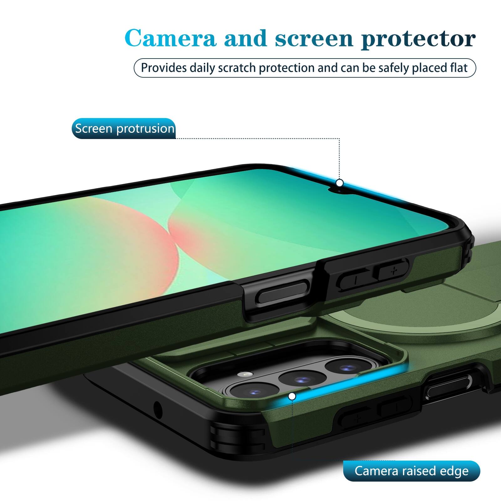 Camera and screen protector  
Provides daily scratch protection and can be safely placed flat  

Screen protrusion  
Camera raised edge