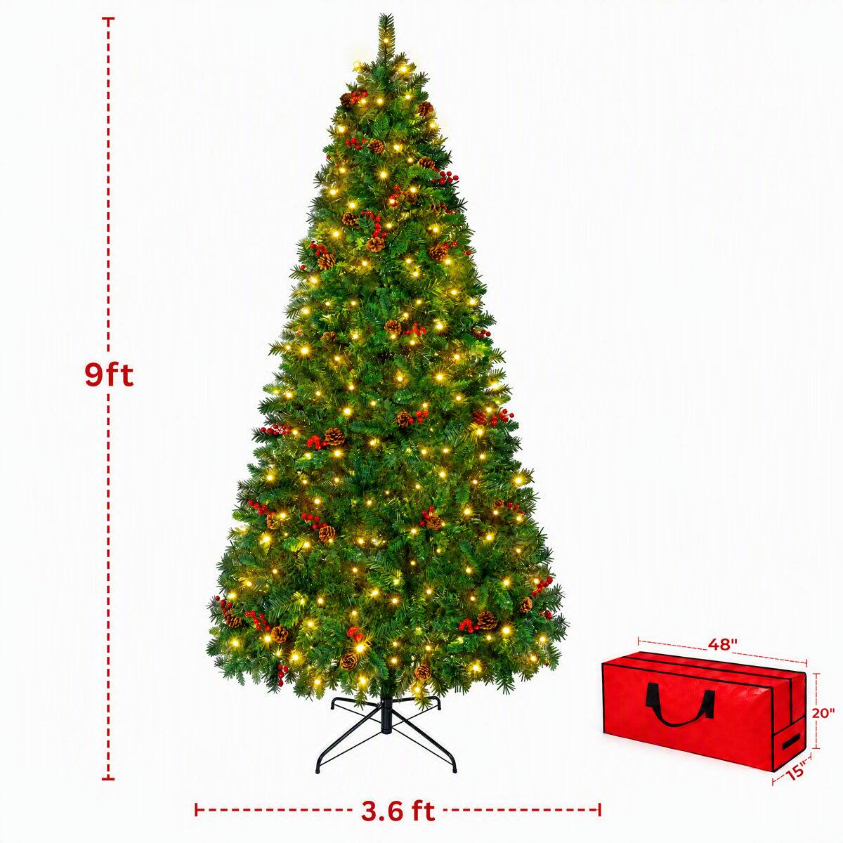 Wisairt 9FT Pre Lit Artificial Christmas Tree, 2008 Tips Full Pine