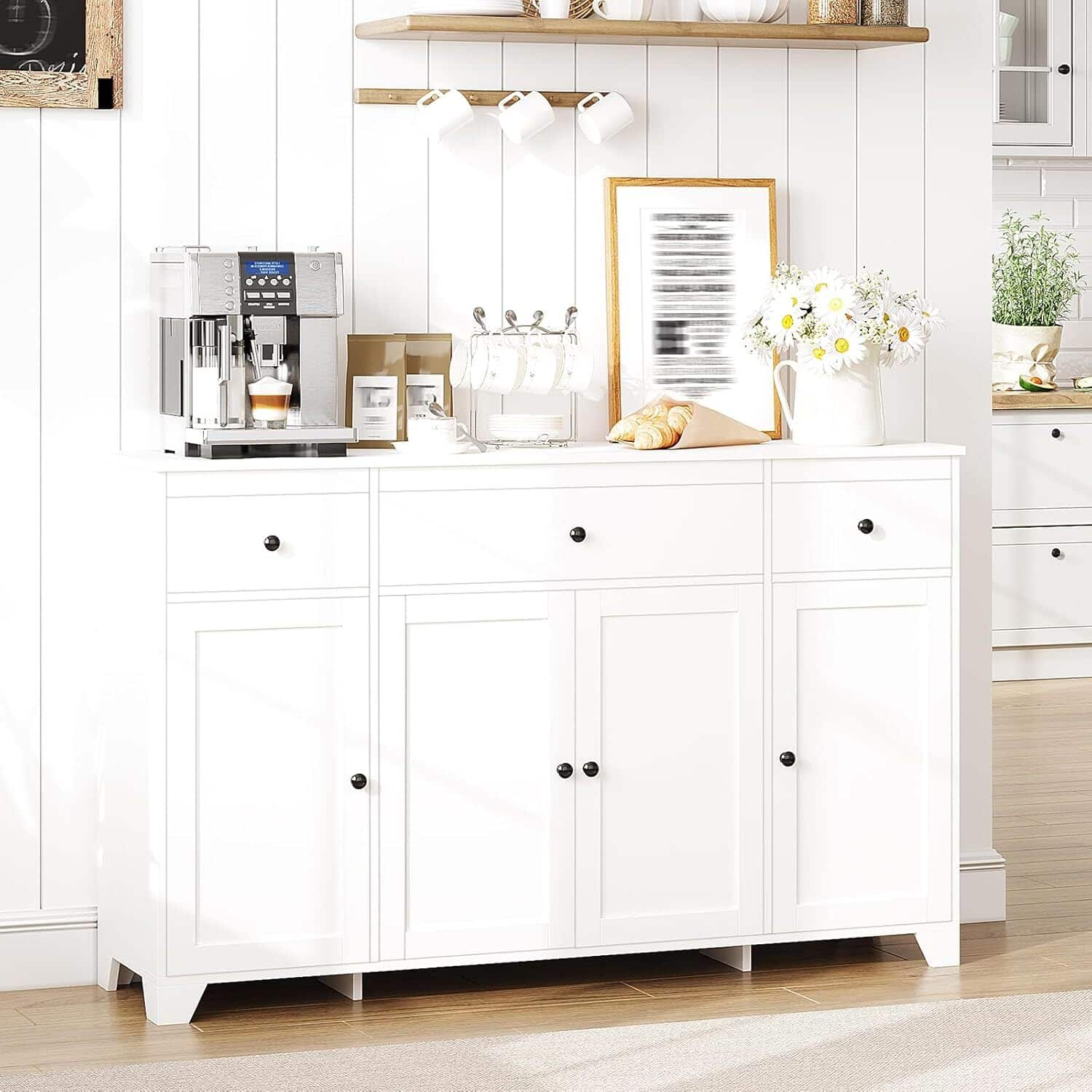 Jojoka - 55inch Buffet Cabinet with Drawers-Large Sideboard Buffet Storage Cabinet with Shelves and Doors-Minimalist - White
