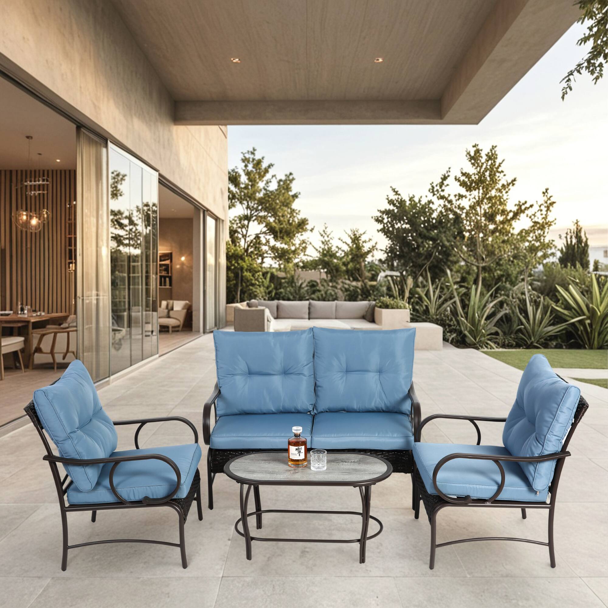 Front. APRILSOUL - 4 Piece Wicker Conversation Set for Porch Deck Blue - Blue.