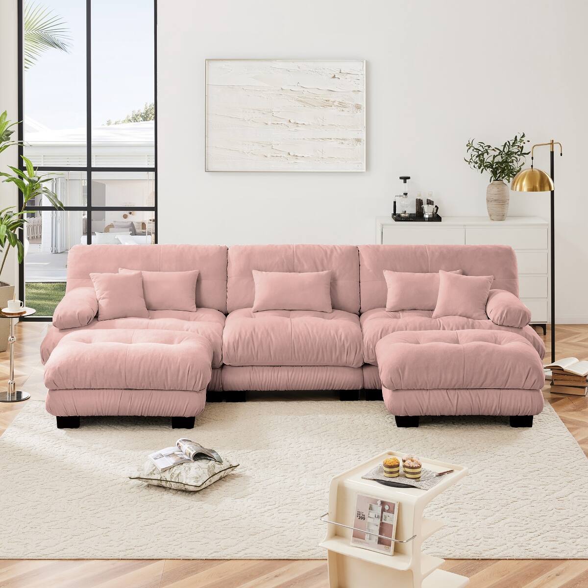 Left. Ropilly - Ropilly Pink Chenille Sectional Sofa U Shaped Modular Deep Seat Cloud Couch with Ottomans - Pink.