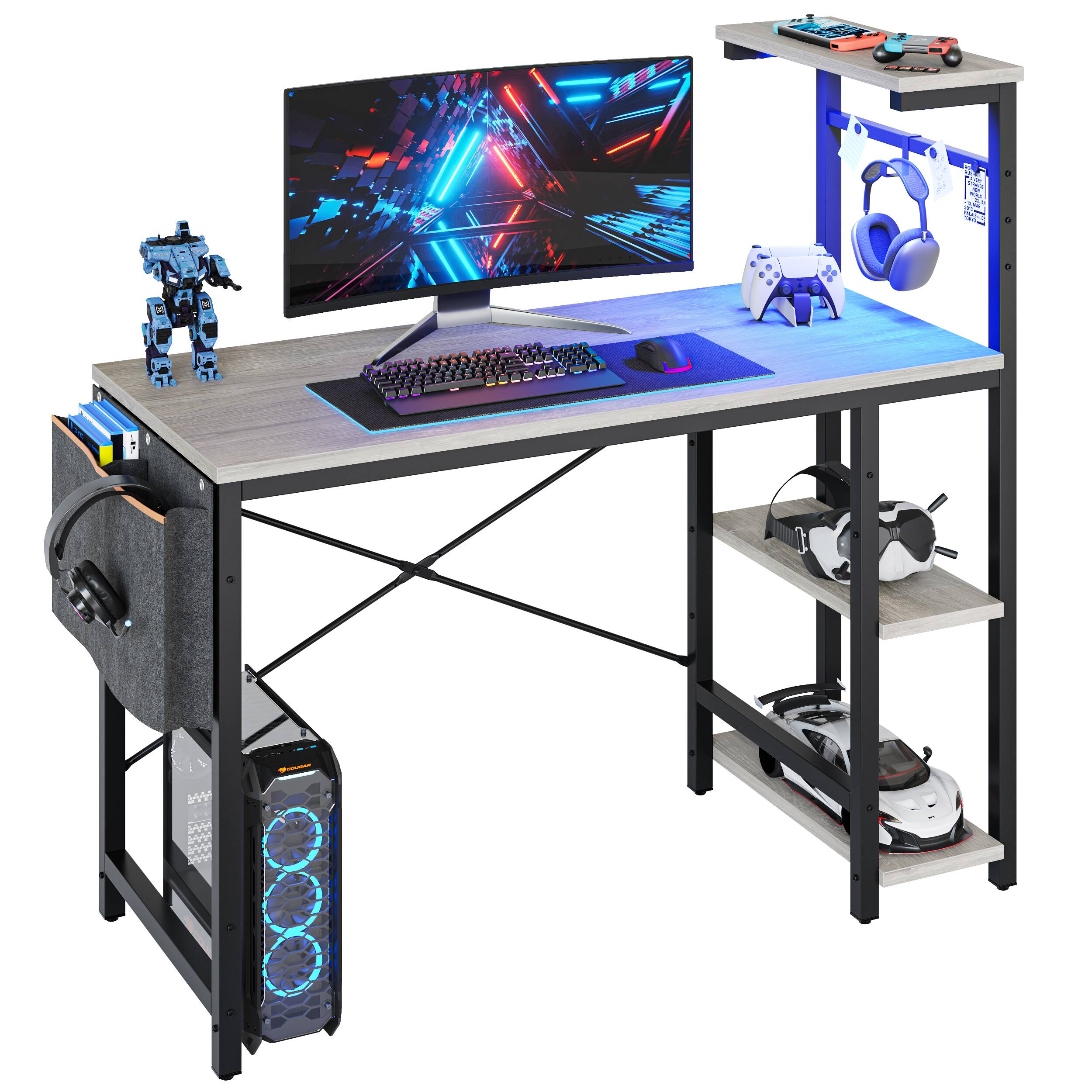 Alt View 6. Bestier - 44'' RGB Gaming Desk, PC Gaming Desk with Reversible Shelves & Side Storage, Gaming Computer Desk for Home Office - Light Gray.