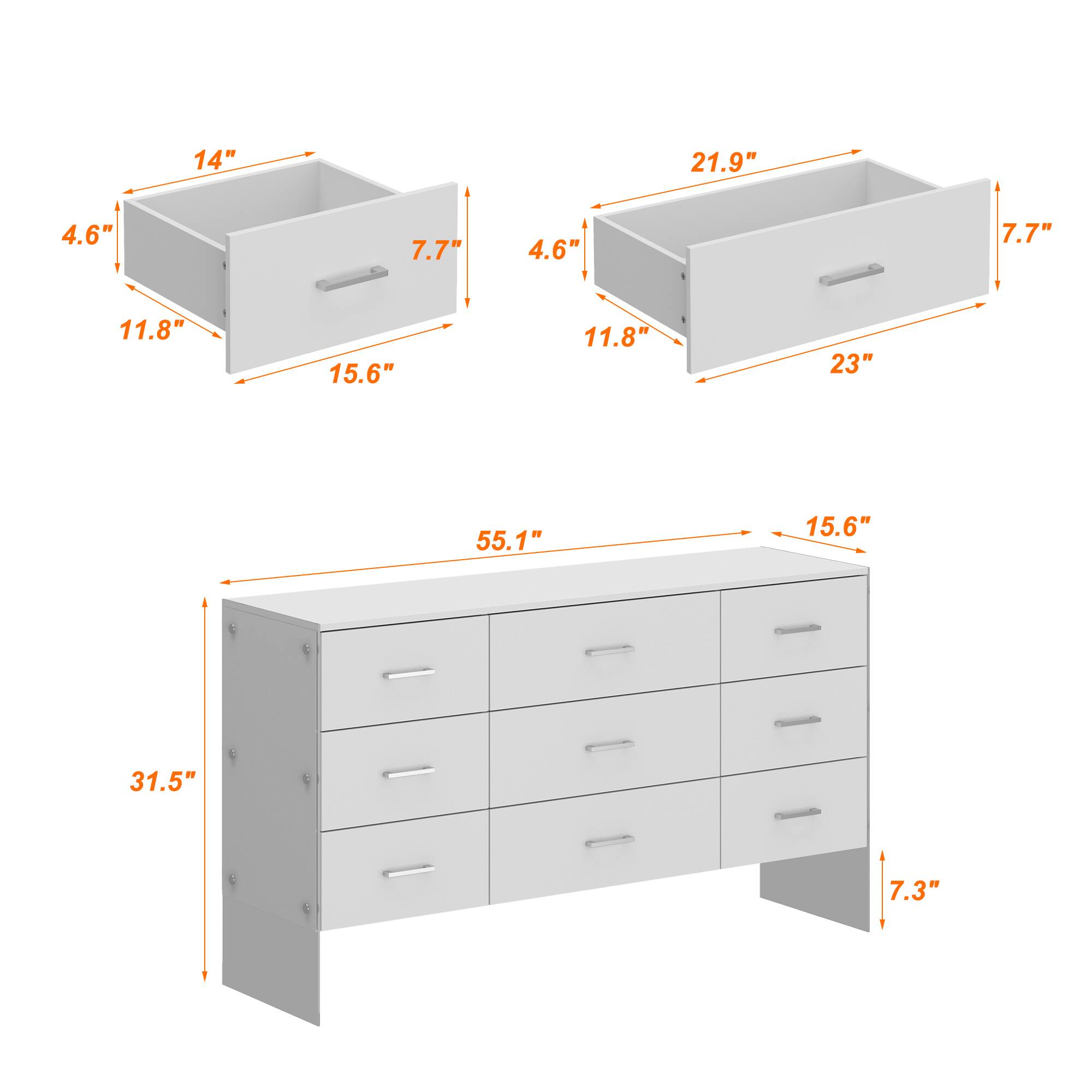 The text can be grouped as follows:

- Drawer dimensions:
  - 14" (width)
  - 4.6" (depth)
  - 7.7" (height)
  - 11.8" (width)
  - 15.6" (depth)
  - 7.7" (height)
  - 21.9" (width)
  - 11.8" (depth)
  - 23" (width)
  - 15.6" (depth)

- Dresser dimensions:
  - 55.1" (length)
  - 15.6" (width)
  - 31.5" (height)
  - 7.3" (depth)