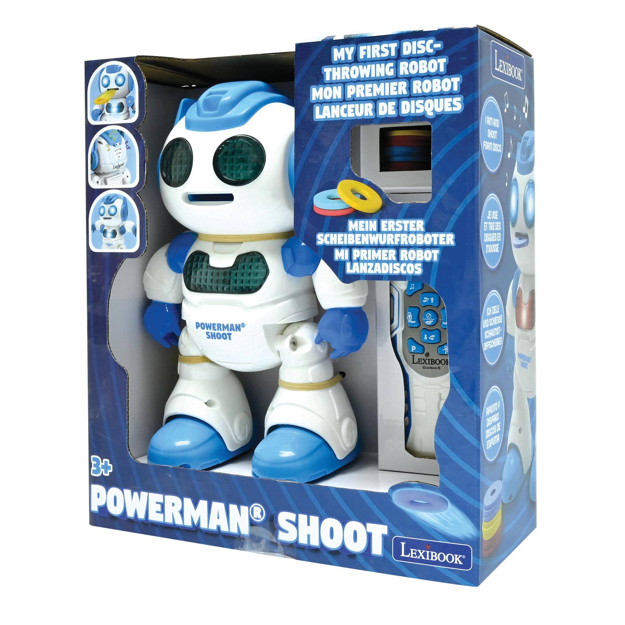 MY FIRST DISC- THROWING ROBOT  
LEXIBOOK  
MON PREMIER ROBOT LANCEUR DE DISQUES  
MEIN ERSTER SCHEIBENWURFROBOTER  
MI PRIMER ROBOT LANZADISCOS  

POWERMAN SHOOT  
DI 14 P $ LEXIBOOK  
CHEE SCHESSE SERVIS- OFFICHED  
PROTITTLY 2012 DISPARD ESPITA 3+  
POWERMAN SHOOT LEXIBOOK