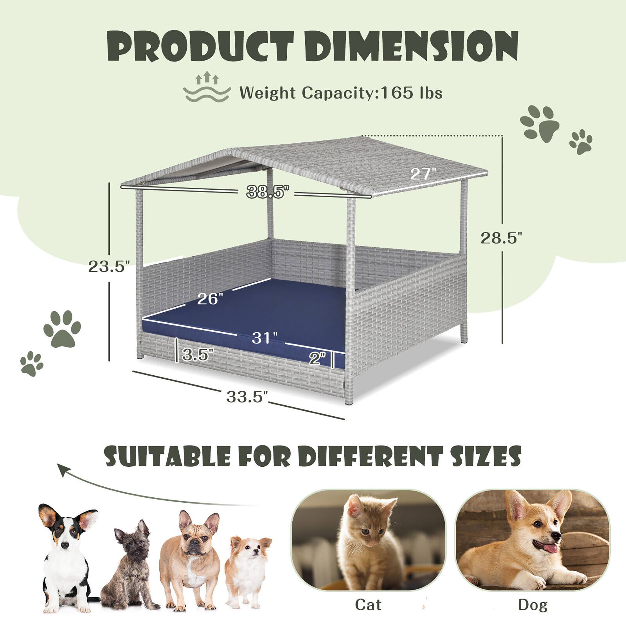 **PRODUCT DIMENSION**

- Weight Capacity: 165 lbs
- 38.5" (length)
- 27" (width)
- 28.5" (height)
- 23.5" (depth)
- 26" (side height)
- 3.5" (tray height)
- 31" (tray depth)
- 2" (tray width)
- 33.5" (overall height)

**SUITABLE FOR DIFFERENT SIZES**

- Cat
- Dog