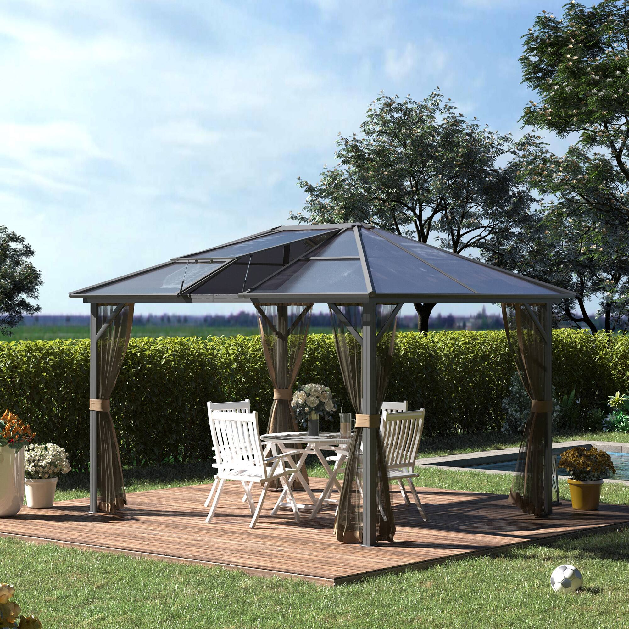 Alt View 1. Outsunny - 10' x 12' Hardtop Gazebo Canopy with Polycarbonate Roof, Aluminum Frame, Permanent Pavilion Outdoor Gazebo with Netting - gray.