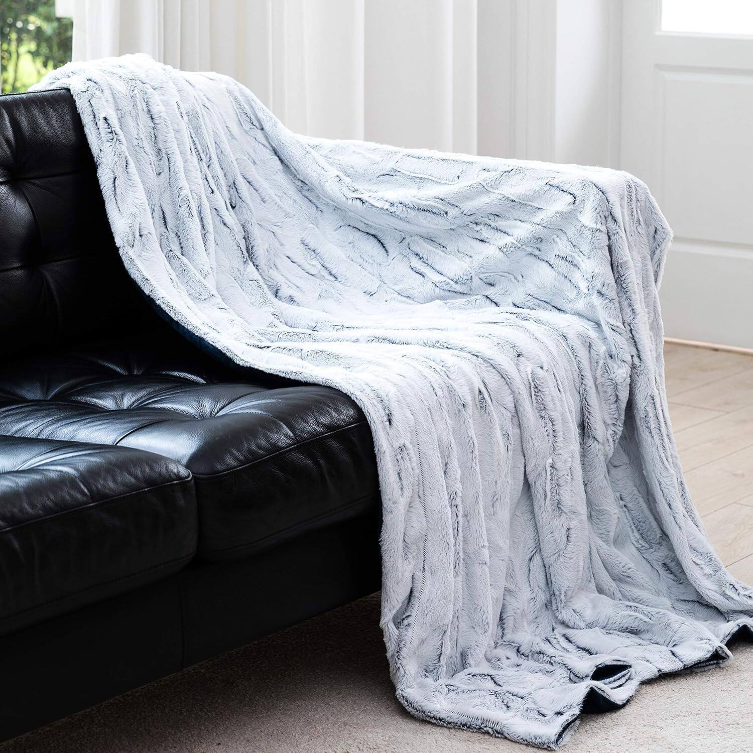 Front. Cheer Collection - Cheer Collection Embossed Faux Fur Throw Blanket - Ultra Soft Fuzzy Blanket - Blue.
