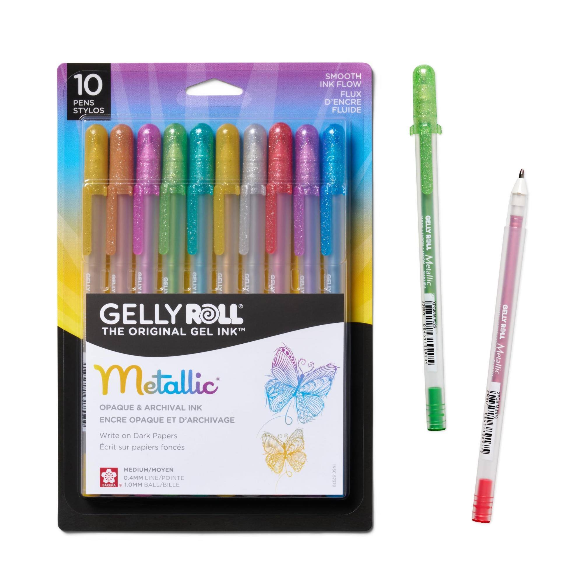 10 PENS STYLOS  
SMOOTH INK FLOW FLUX D'ENCRE FLUIDE  
GELLY ROLL THE ORIGINAL GEL INK Metallic OPAQUE & ARCHIVAL INK ENCRE OPAQUE ET D'ARCHIVAGE Write on Dark Papers Écrit sur papiers foncés MEDIUM/MOYEN 0.4MM LINE/POINTE SANEURA 1 1.0MM BALL/BILLE  
INSC-57378  
GELLY ROLL Metallic FREED - PASTSTAS-BOO- 0845 11:11:11:11:11 1020 INDIA  
GELLY ROLL Metallic 11 010 0 1 00 XPGB-M3515 10 INDITION