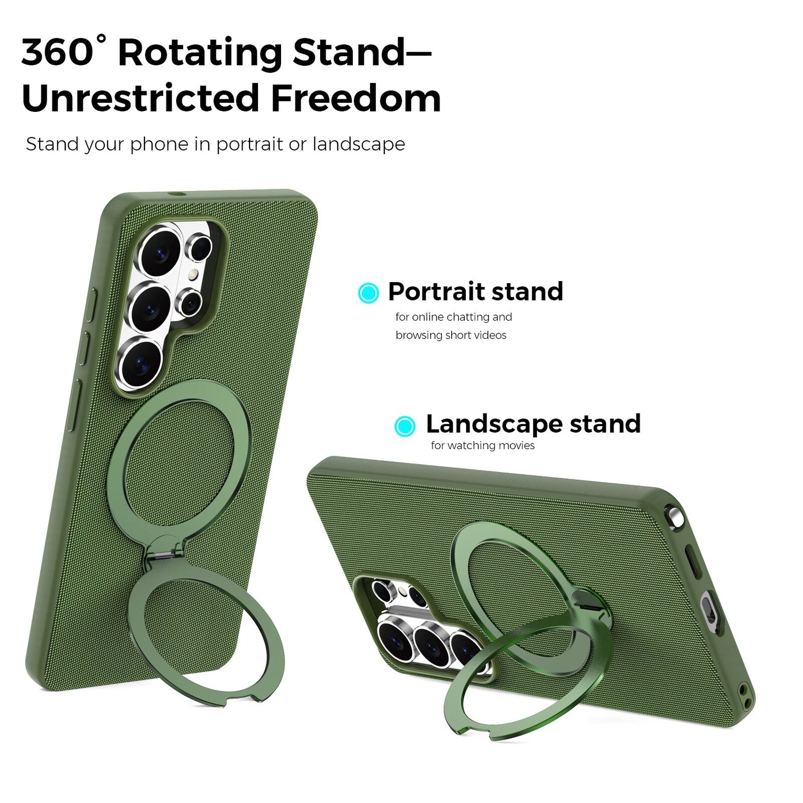 360° Rotating Stand—Unrestricted Freedom

Stand your phone in portrait or landscape

Portrait stand for online chatting and browsing short videos

Landscape stand for watching movies