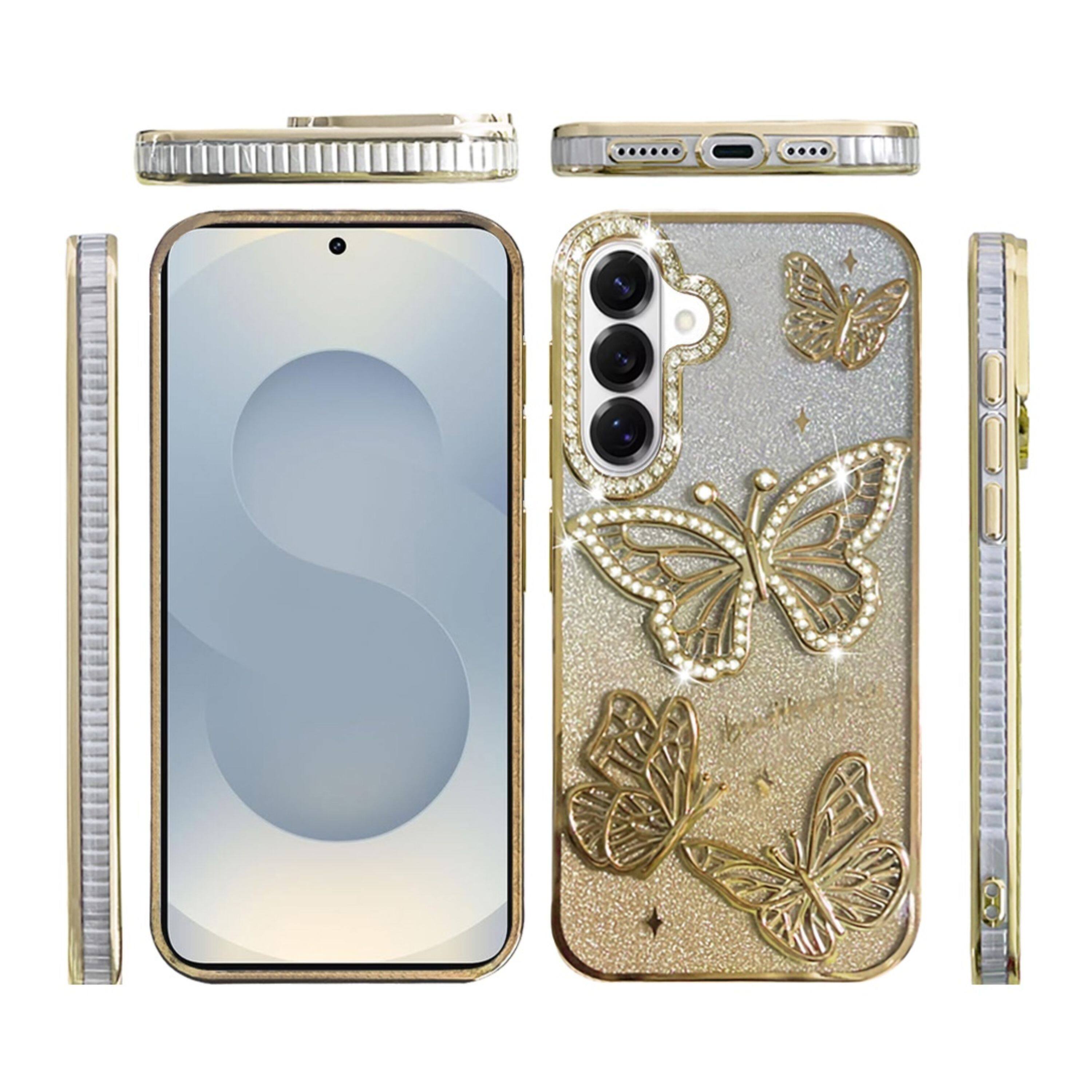 Left. Kitcheniva - 3D Butterflies Glitter Phone Case With Tempered Glass For Samsung S26+ Gold - Gold.