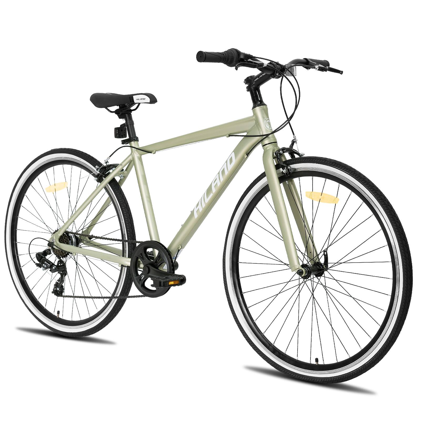 Angle. HILAND - HILAND Flow 700C Adult Hybrid Bike, 7 Speeds Commuter Bicycle for Men Women, Aluminum Alloy Frame, Green - green.