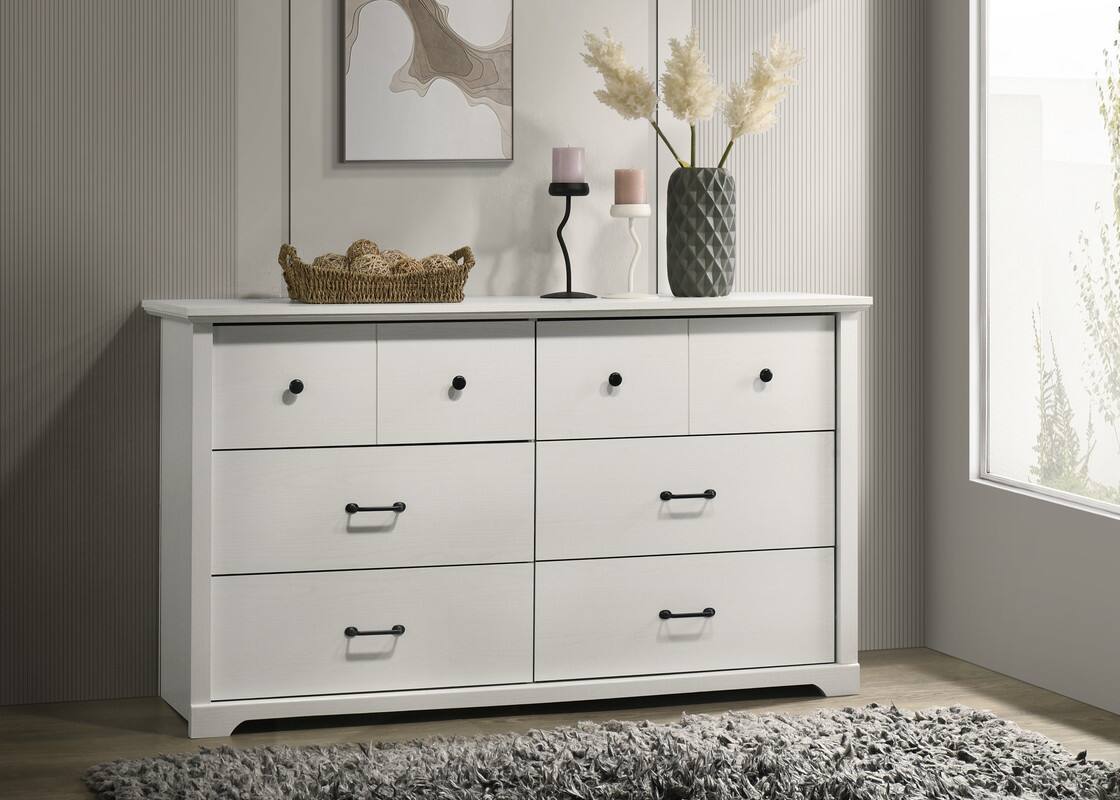 Front. Forest'nSky - White Wood 6 drawer 57 in. Wide Chest of Drawers for Living Room - White.