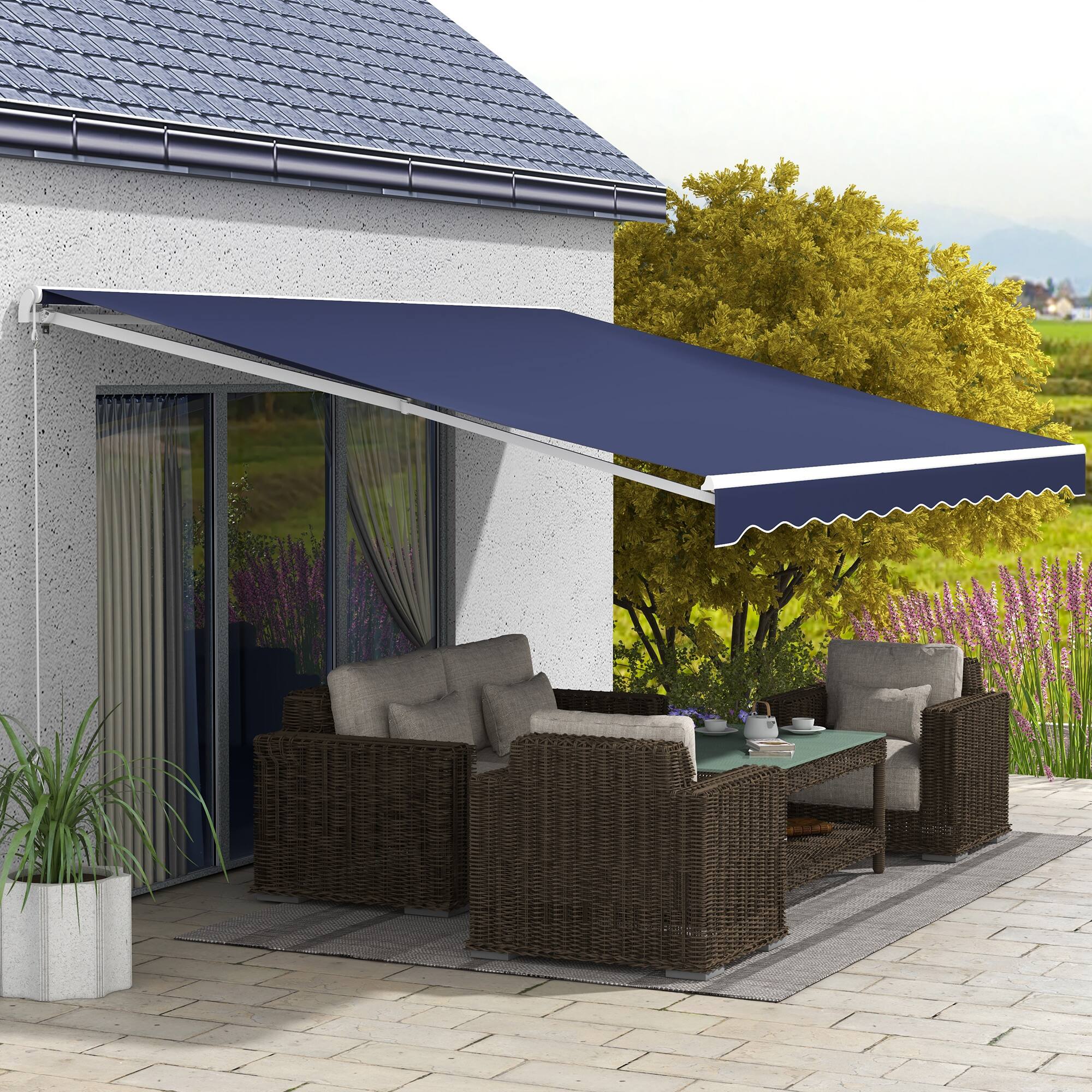 Alt View 1. Outsunny - Electric Retractable Awning Sunshade Shelter with Remote Controller & Crank Handle for Deck Balcony Yard - Dark Blue.