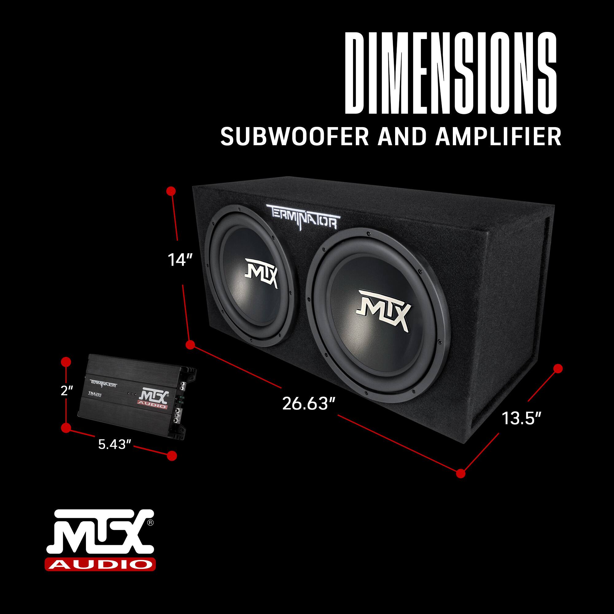 DIMENSIONS  
SUBWOOFER AND AMPLIFIER  

14"  
26.63"  
13.5"  
5.43"  
2"  

TERMINATOR MX  
MX AUDIO