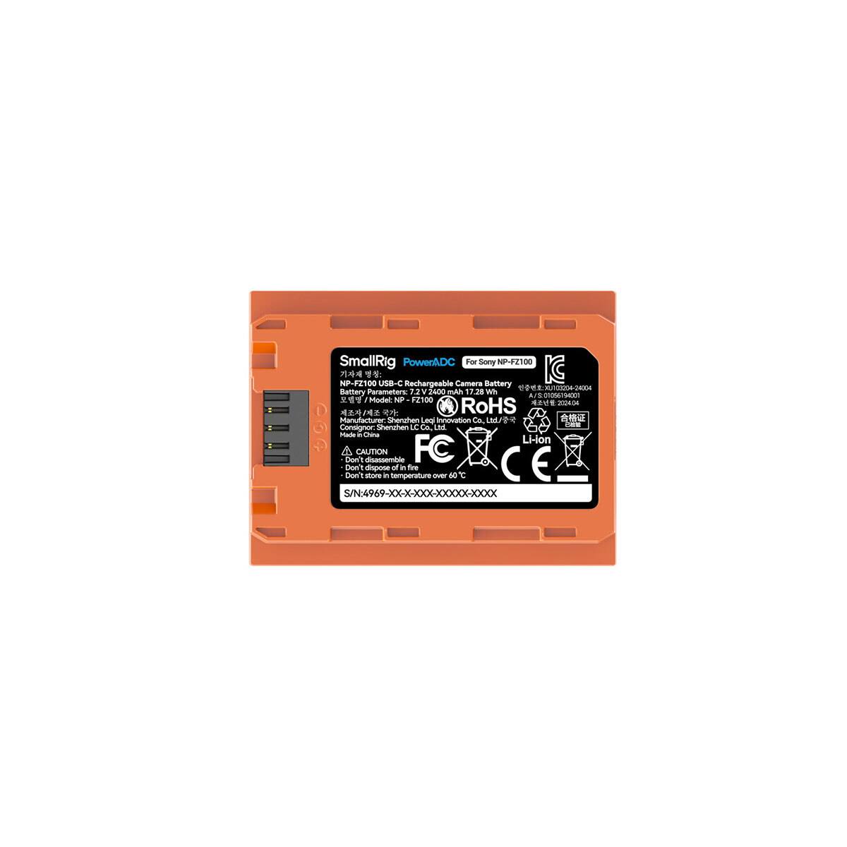 SmallRig PowerADC For Sony NP-FZ100  
NP-FZ100 USB-C Rechargeable Camera Battery  
XU103204-24004  
Battery Parameters: 7.2V 2400 mAh 17.28 Wh  
A S:01056194001  
Model: NP FZ100  
RoHS 202404  
Manufacturer: Shenzhen Legi Innovation Co., Ltd / Shenzhen LC Ltd.  
Consignor: Co., Made in China  
Li-ion  
CAUTION:  
- Don't disassemble  
- Don't dispose in fire  
- Don't store in temperature over 60°C  
CE  
S/N: 4969-XX-XXX-XXXXX-XXXXX
