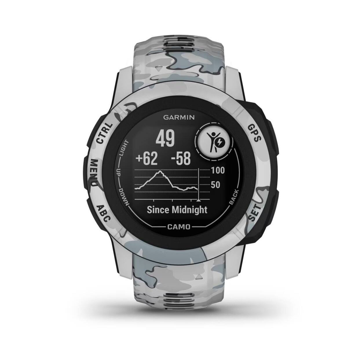 GARMIN CTRL 49 GPS LIGHT +62 -58 MEN UP 100 50 DOWN BACK ABC Since Midnight SET