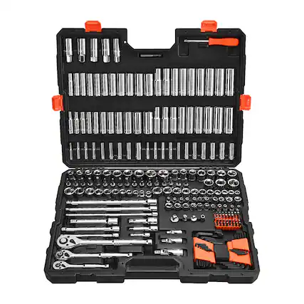 Front. VEVOR - Socket Set, 225 Pieces, 3/8 & 1/4 & 1/2 inch Drive Socket and Ratchet Set, SAE and Metric, Deep and Shallow - Black+Sliver.