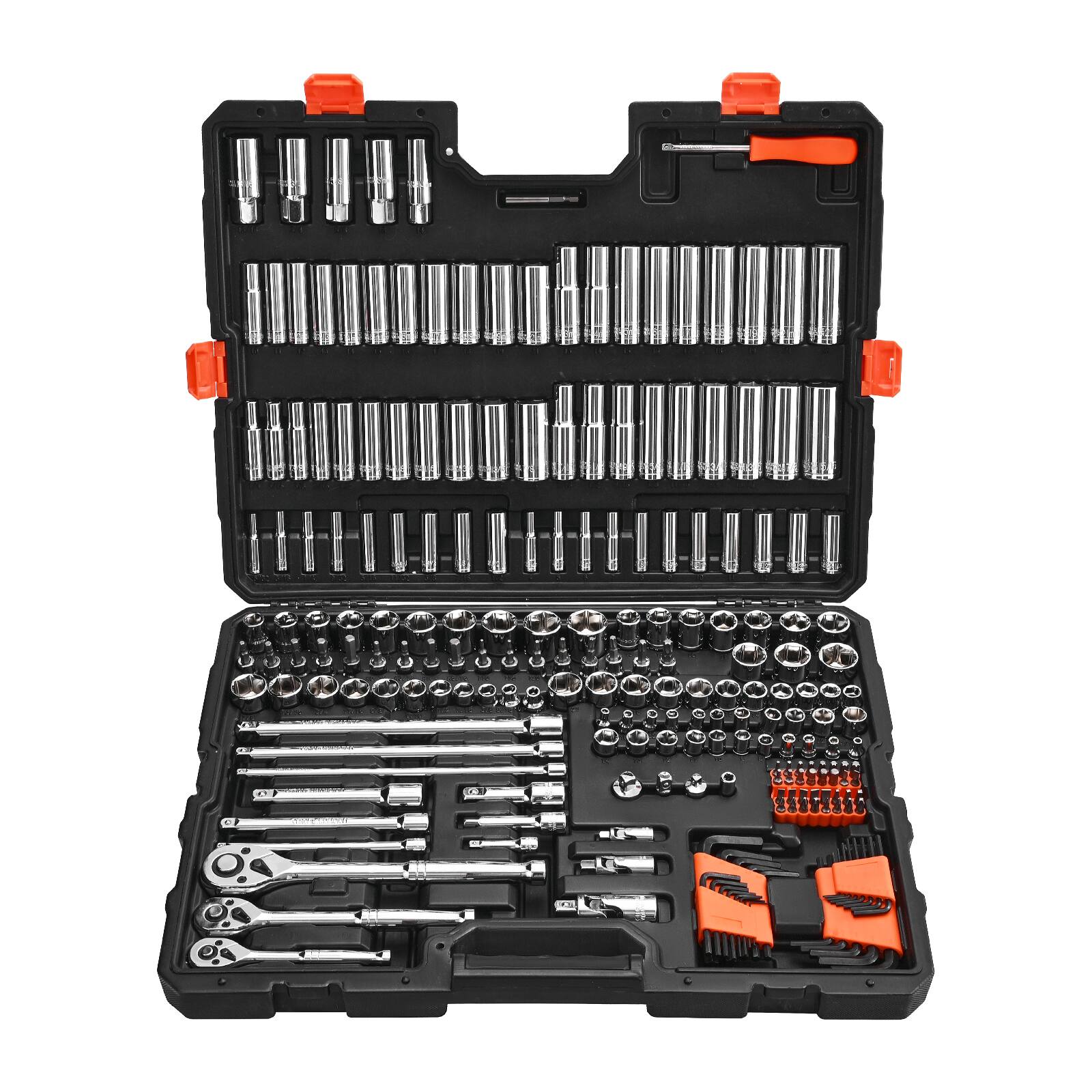 Front. VEVOR - Socket Set, 225 Pieces, 3/8 & 1/4 & 1/2 inch Drive Socket and Ratchet Set, SAE and Metric, Deep and Shallow - Black+Sliver.