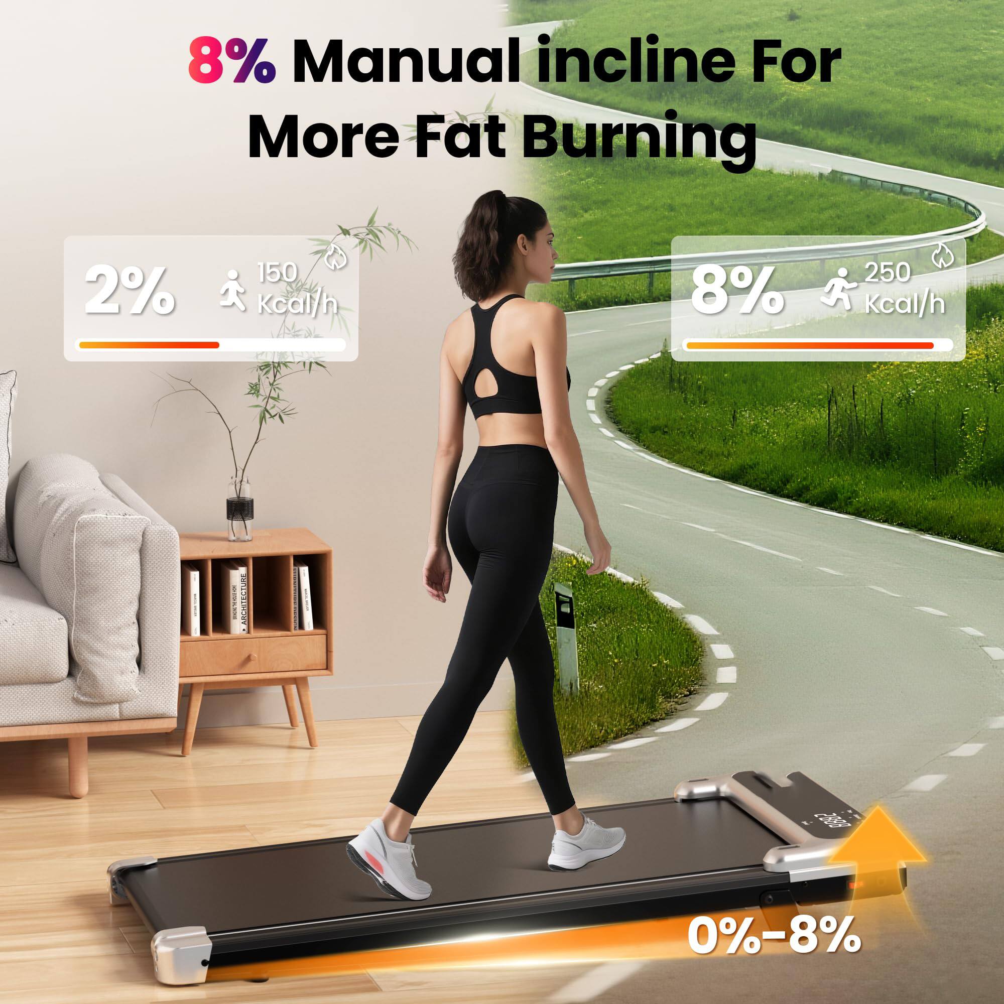8% Manual incline For More Fat Burning

2% 150 Kcal/h

8% 250 Kcal/h

0%-8%