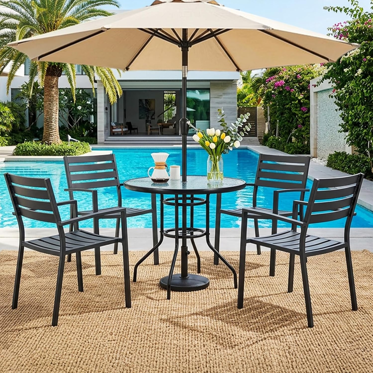 Alt View 8. Winado - 32in Round Patio Table with Umbrella Hole, Steel Tempered Glass Dining Table for Outdoor Indoor Balcony Garden Deck - Black.