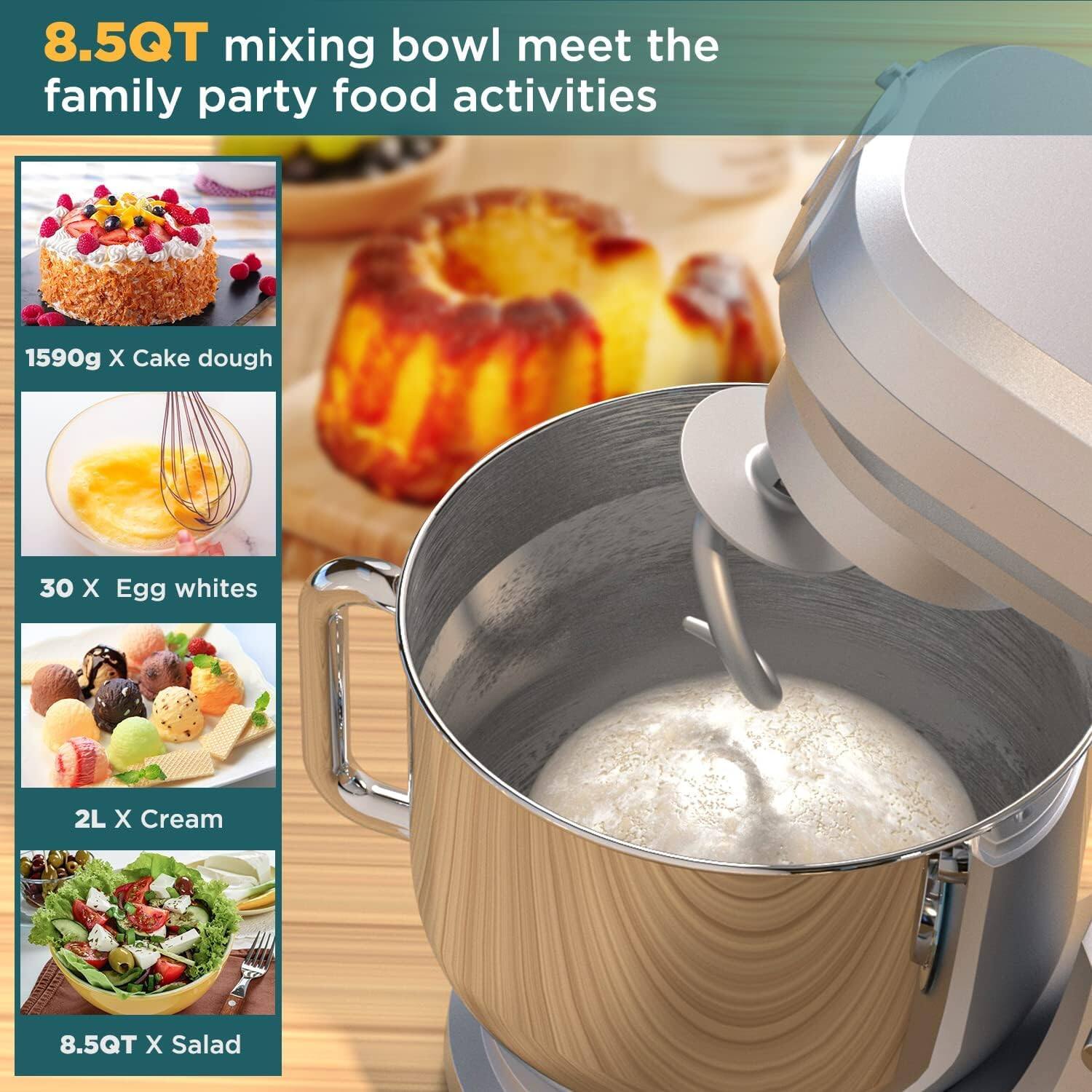 8.5QT mixing bowl meet the family party food activities

1590g X Cake dough  
30 X Egg whites  
2L X Cream  
8.5QT X Salad