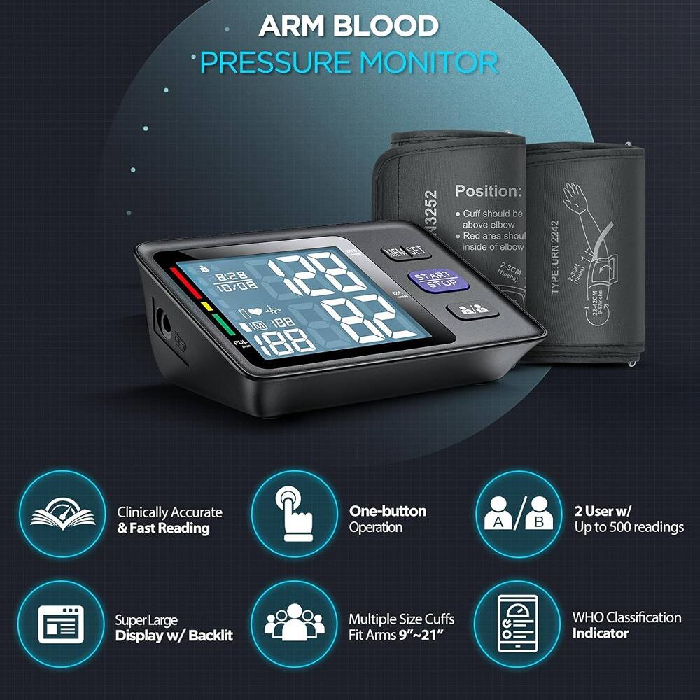 ARM BLOOD PRESSURE MONITOR

- Clinically Accurate & Fast Reading
- One-button Operation
- SuperLarge Display w/ Backlit
- Multiple Size Cuffs Fit Arms 9"~21"
- 2 User w/ Up to 500 readings
- WHO Classification Indicator

Position:
- Cuff should be above elbow
- Red area should be inside of elbow (1-3cm)

Type: 2-30M

ARM BLOOD PRESSURE MONITOR

- Clinically Accurate & Fast Reading
- One-button Operation
- SuperLarge Display w/ Backlit
- Multiple Size Cuffs Fit Arms 9"~21"
- 2 User w/ Up to 500 readings
- WHO Classification Indicator

Position:
- Cuff should be above elbow
- Red area should be inside of elbow (1-3cm)

Type: 2-30M